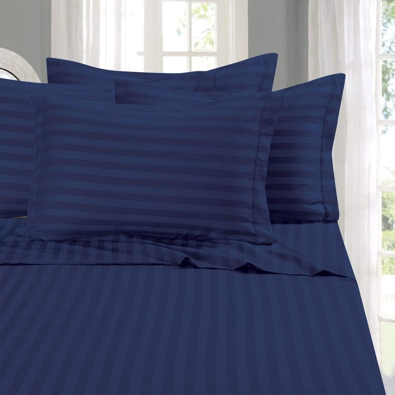 Elegant Comfort Best, Softest, Coziest 6-Piece Sheet Sets! – 1500 Premier Hotel Quality Luxurious Wrinkle Resistant 6-Piece Damask Stripe Bed Sheet Set, Queen Navy Blue