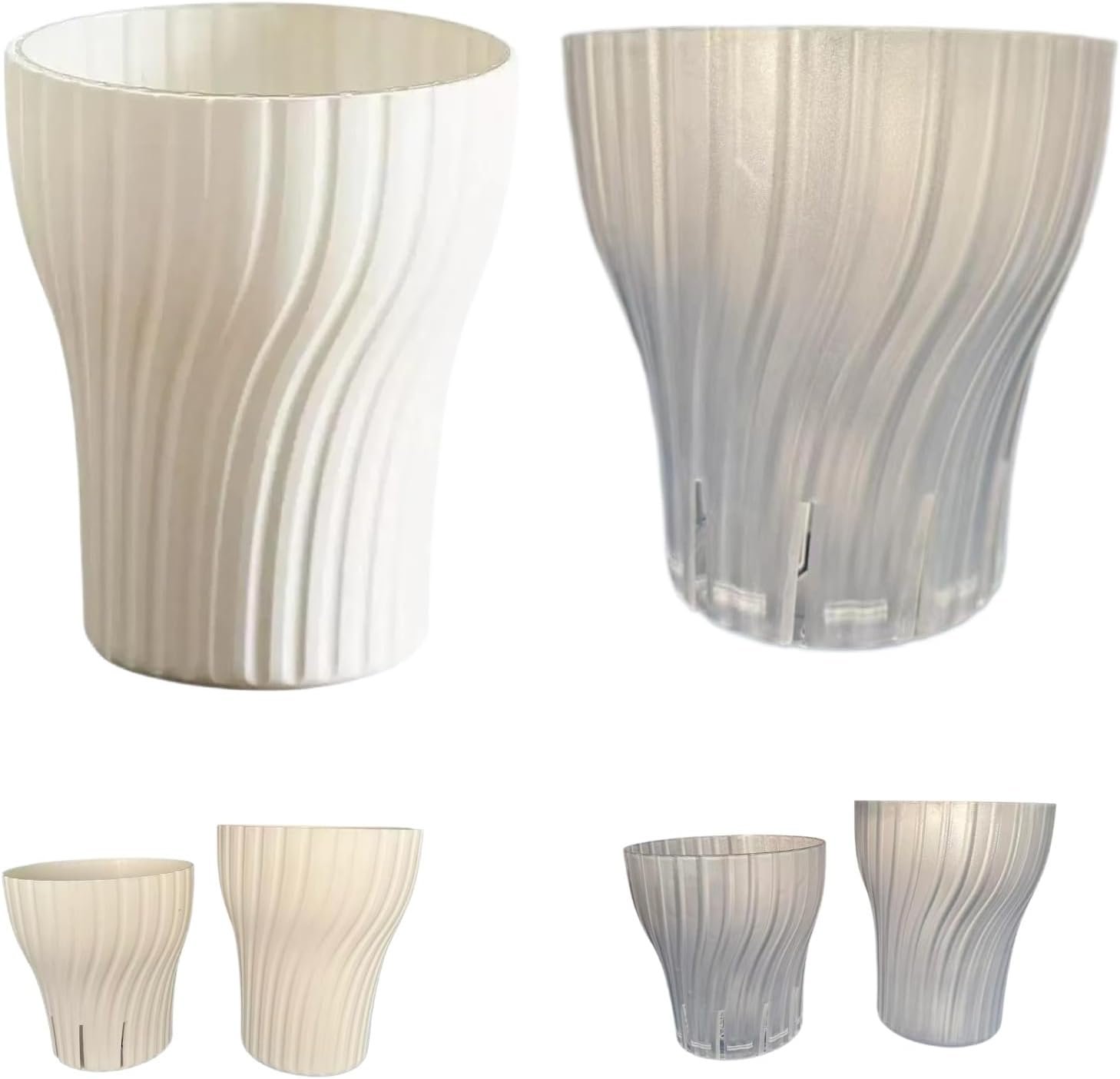 Self-Watering Plant Pots with Wick, Rotating Pattern Planters with Drainage & Inner Pot for Desk Living Room Bedroom Home Decor, 6.3 Inch 2-Pack in White & Clear