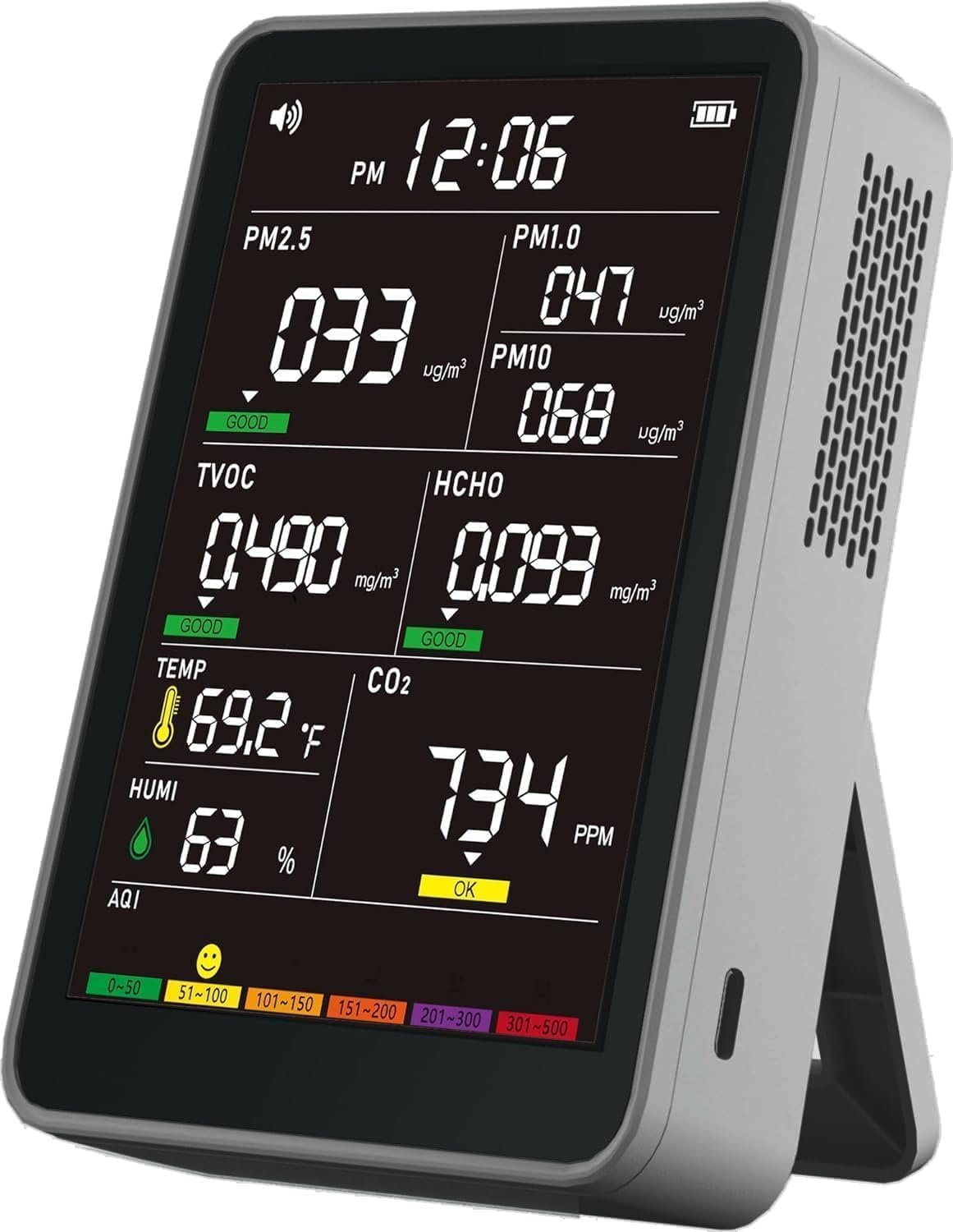 Professional Indoor Air Quality Monitor with AQI Alerts, Portable Real-Time Detector for Home, Car, Plants & Pet (Stone Gray)