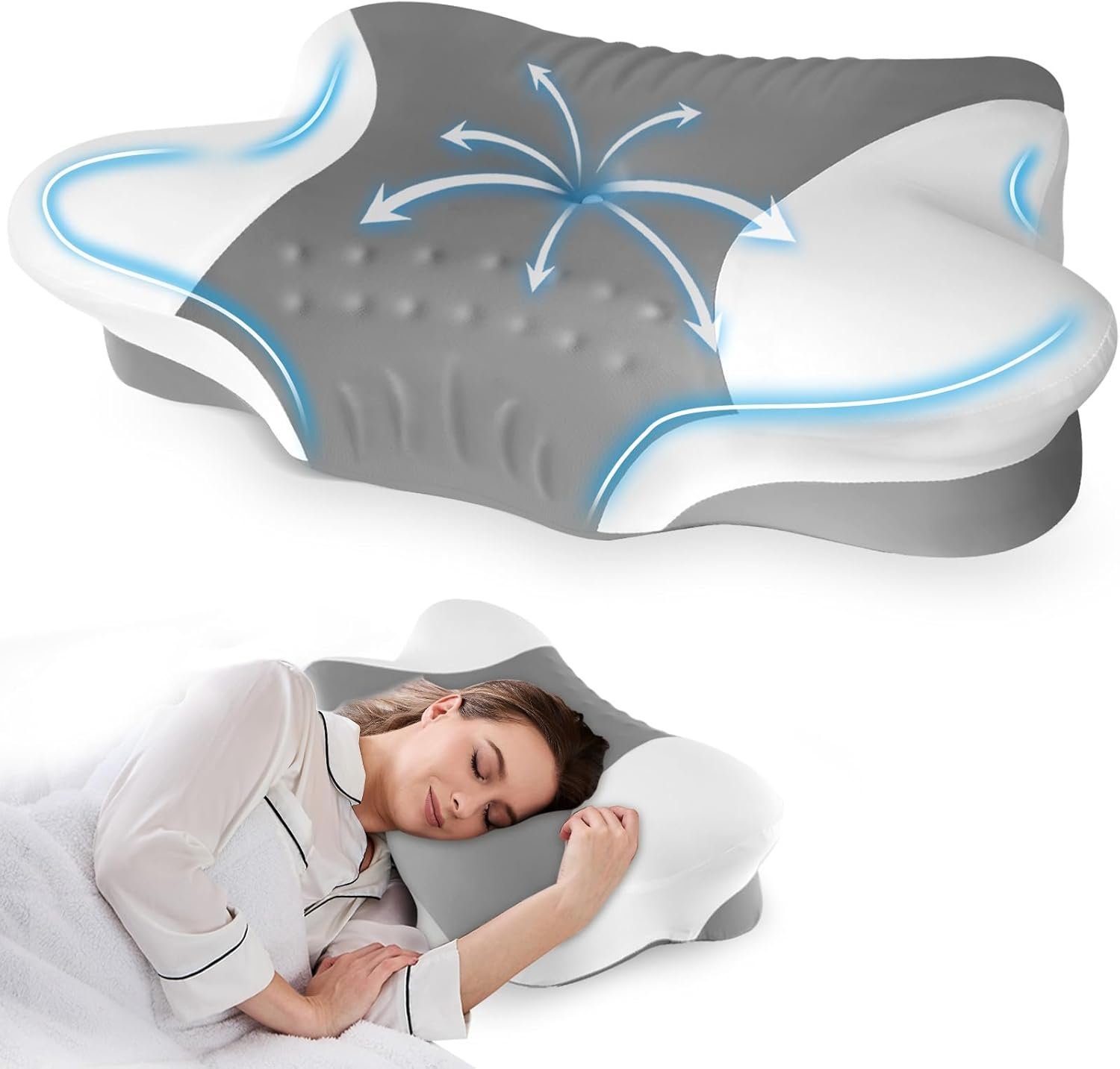 Cervical Pillow for Neck Pain,Cooling Butterfly Pillow for Side Sleepers – Adjustable Orthopedic Contour Memory Foam Pillow,Contoured Support Pillows with Breathable Pillowcase for Sleeping,Dark Gray