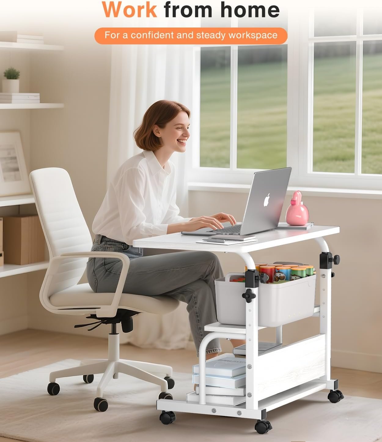 QZMDSM Portable Desk with Wheels Small Standing Desk on Wheels Adjustable Height Rolling Desks for Small Spaces, 32″ Computer Desks with Storage Shelves for Home Office Study White
