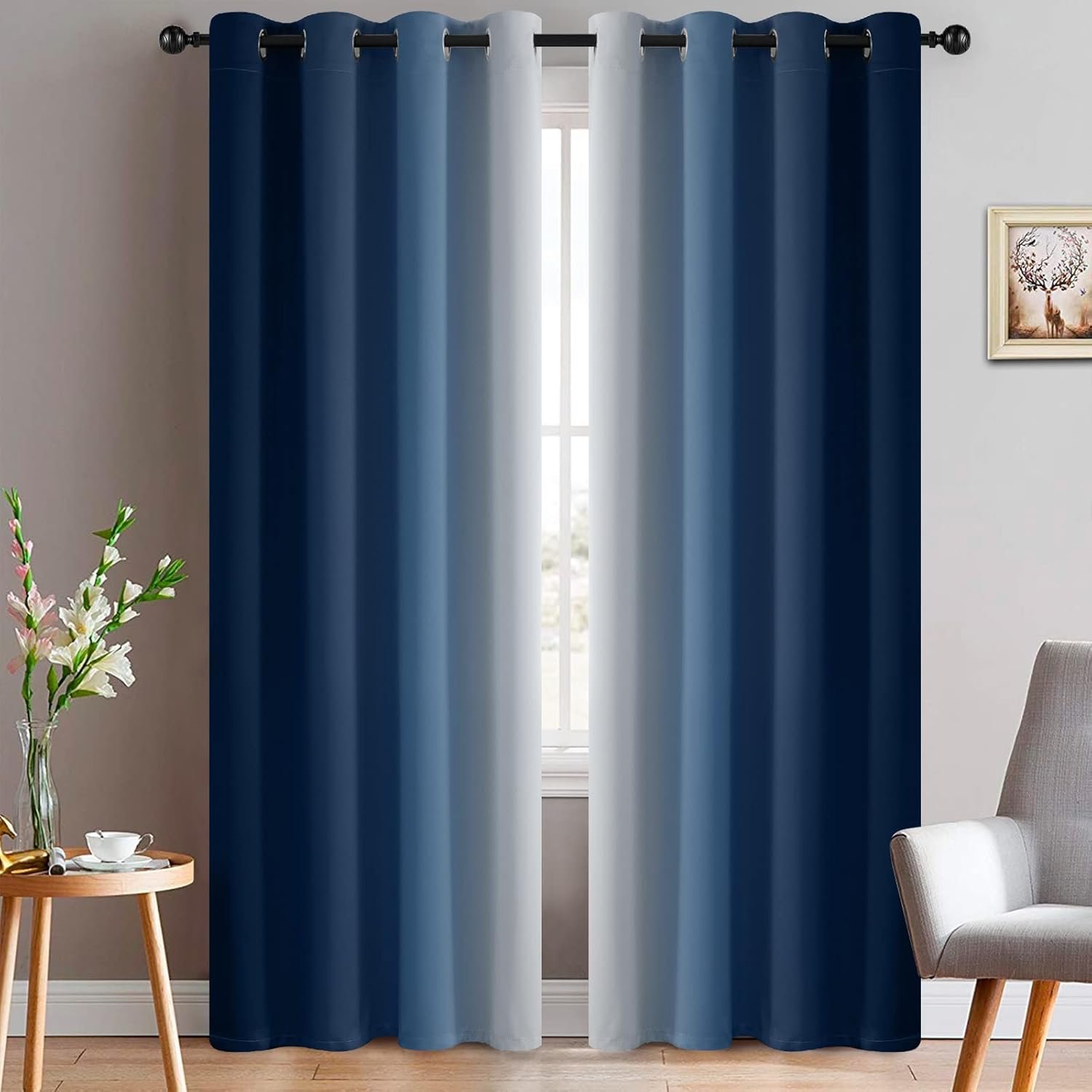 Yakamok Blue and Greyish White Ombre Curtains, Room Darkening Gradient Color Curtains for Bedroom, Light Blocking Thermal Insulated Window Drapes for Living Room(2 Panels, 52×84 Inch)