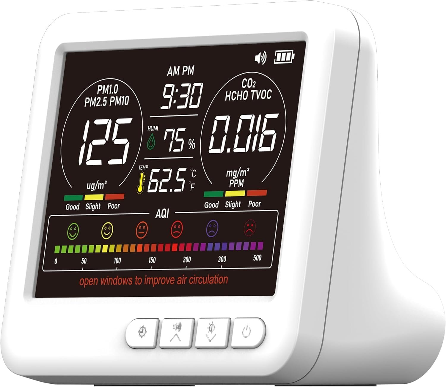 Professional 16-in-1 Indoor Air Quality Monitor with AQI Reminder, CO2 Monitor Air Quality Tester for CO2, TVOC, PM2.5 PM1.0 PM10, HCHO Temperature Humidity AQI & Time Air Quality Meter for Home