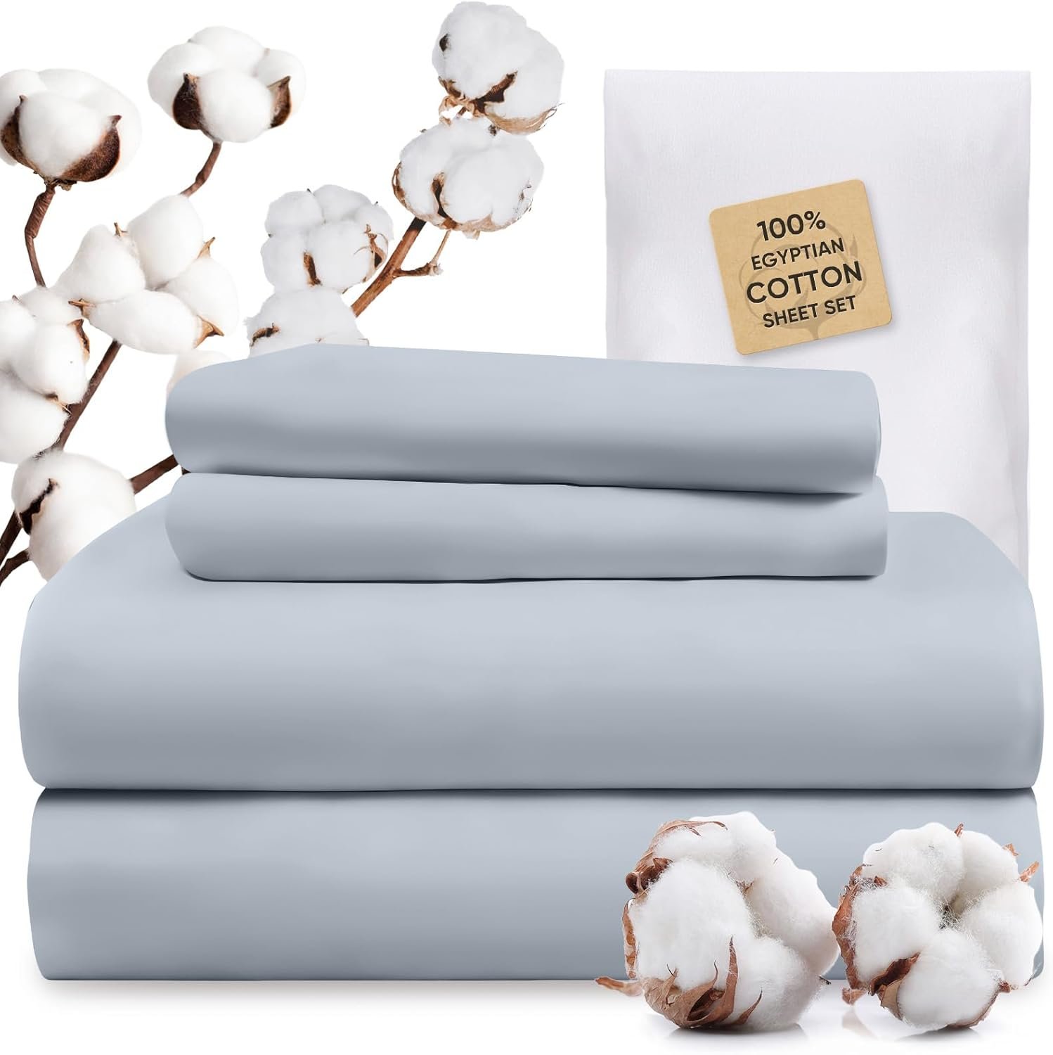 TWK 1200 Thread Count 100% Egyptian Cotton Sheets Bed Set,Thickness,Long-Lasting Durability,Resists Pilling,Deep Pocket Up to 18″,with a Laundry Bag (French Blue, King)