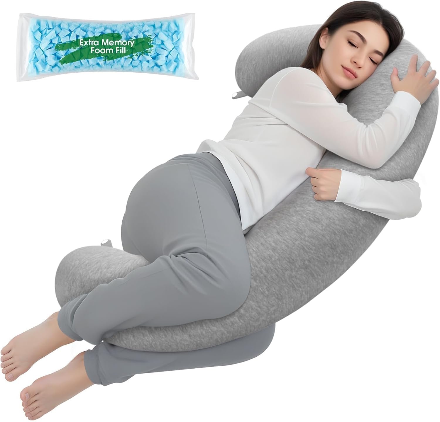 TranquilRelax C Shaped Body Pillow for Side Sleepers, Memory Foam Long Pillow for Leg, Hip & Back Support, Soft Washable Cover,Grey-47″*10″