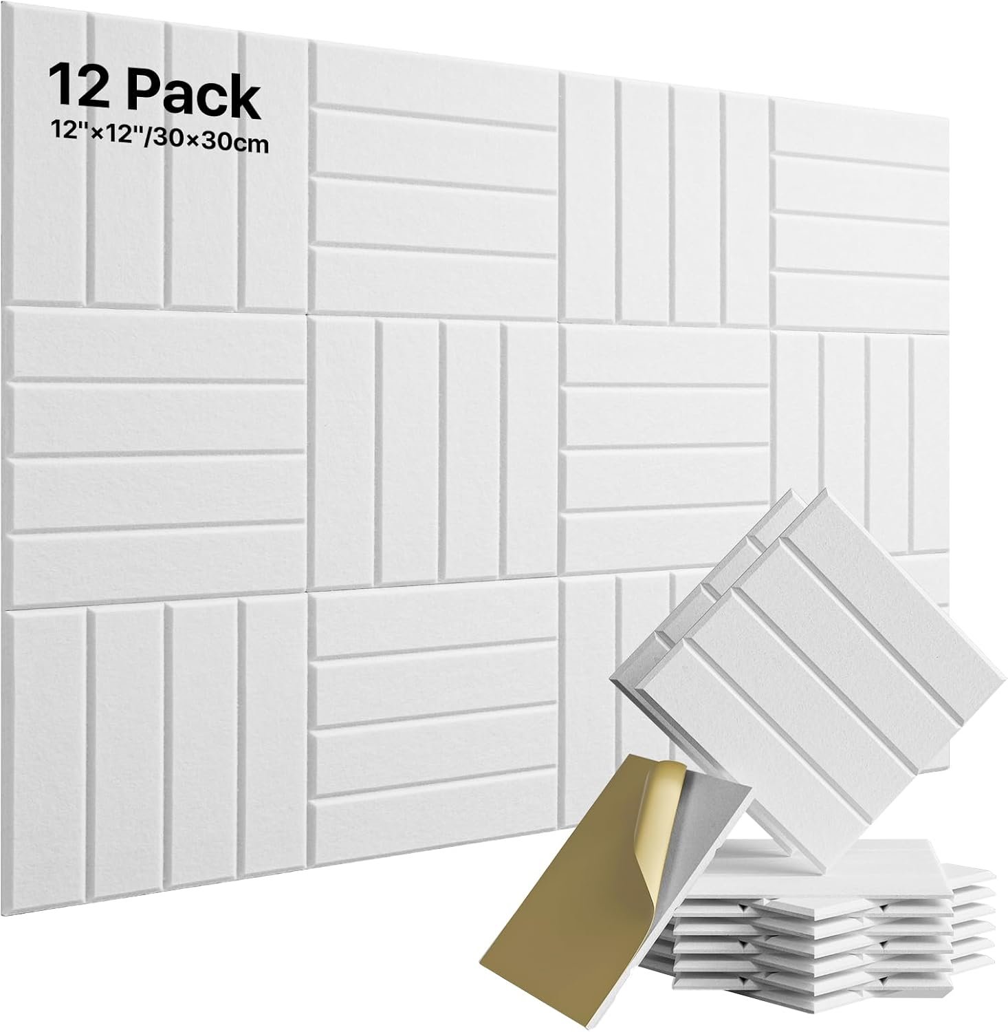 12 Pack Sound Proof Foam Panels for Walls, Self-Adhesive Acoustic Panels Sound Absorbing, 12″ X 12″ X 0.4″ High Density Soundproof Wall Panels Tiles for Door, Ceiling, Home Office, White