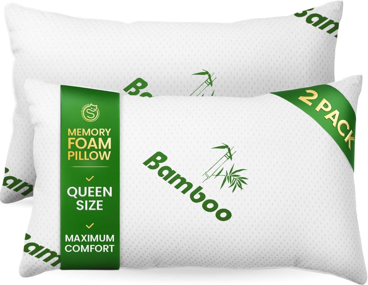 Memory Foam Pillows Queen Size Set of 2 – Cooling Bed Pillows for Sleeping – Back, Stomach, Side Sleeper Firm, Comfy Cool Shredded – 2 Pack, Rayon Derived from Bamboo