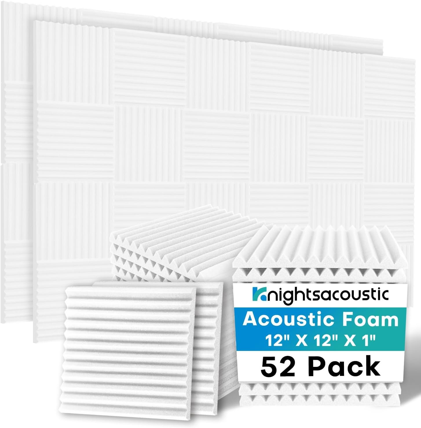 52 Pack White Sound Proof Foam Panels for Walls, 1 X 12 X 12 Inches Acoustic Foam Panels, High Density Acoustic Panels Sound Absorbing, Noise Cancelling Studio Wedges
