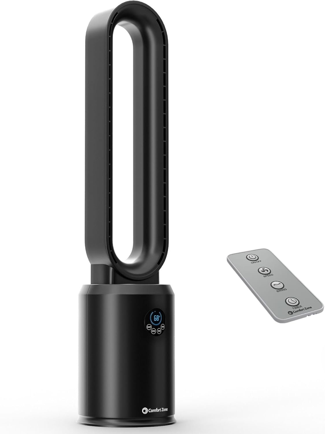 Comfort Zone 40-Inch Bladeless Tower Fan for Bedroom – Quiet Standing Fan with Remote Control, 9H Timer & Wide Area Oscillation – Turbocharged Airflow & Digital LED Display – Black