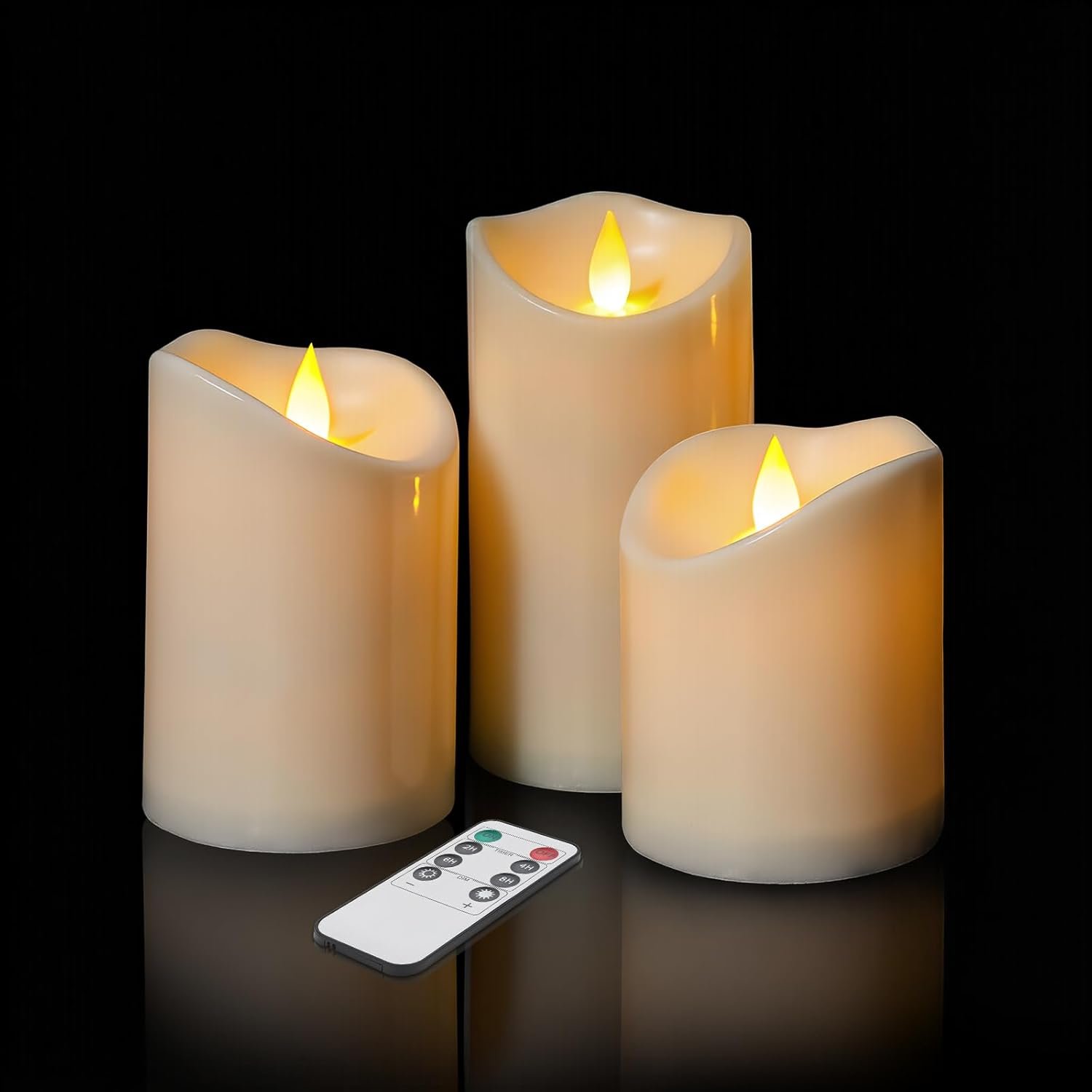 Flameless Candles 4″ 5″ 6″ Set of 3 Outdoor Indoor Ivory Pillars Battery Operated Flickering Candles Include 8-Key Remote Timer Function, Fake Plastic Candles for Wedding, Aniversary, Christmas Decor