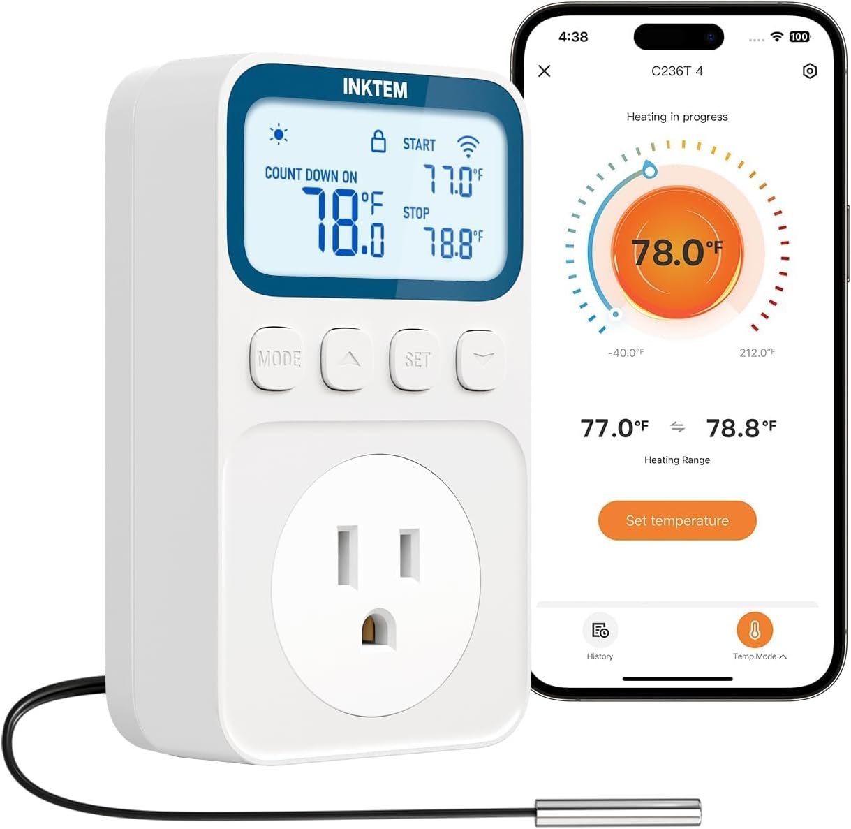 WiFi Plug in Thermostat Outlet, Temperature Controlled Outlet with Smart APP, Timer & Memory Digital Temp Controller -40~212℉, IP67 Waterproof Probe for Incubator Homebrew Reptile Space Heater