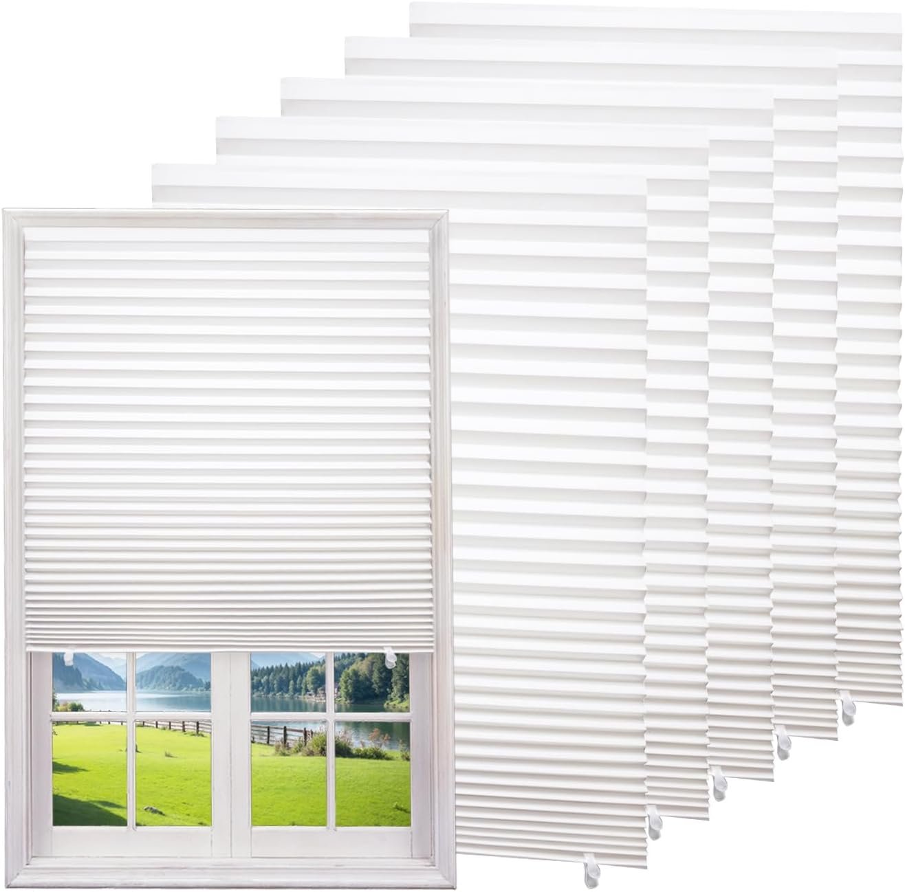 Changshade 6-Pack Temporary Light Filtering Paper Blinds for Window, Cut to Size Adhesive Paper Shades, Stick on Pleated Blinds,No Drill Easy Install,36″ W x 72″ H,White