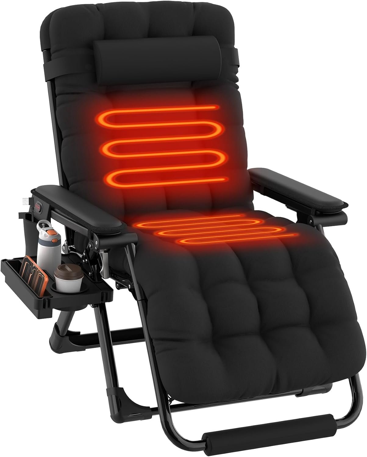 ZENPETIO Heated Zero Gravity Chair XL, Oversized Zero Gravity Recliner w/3 Heat Levels for Back & Seat, Lounge Chair w/Cushion, Armrests & Footrest, Pillow, Big Cup Holder(Battery Not Included)