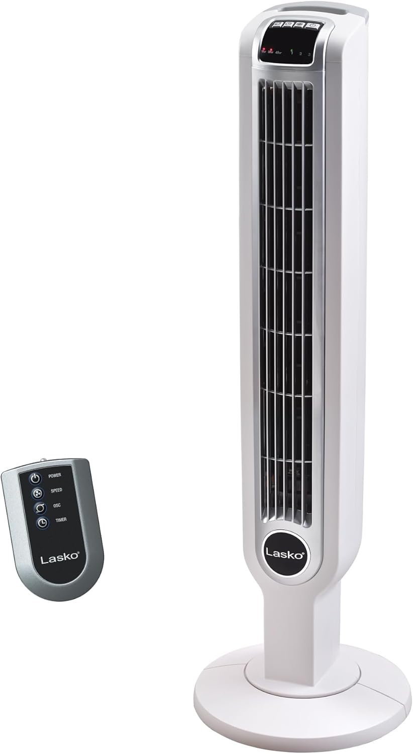 Lasko Oscillating Tower Fan with Remote Control, 3 Quiet Speeds, Timer for Bedroom, Kitchen, Office Use, White, 36″ 2510