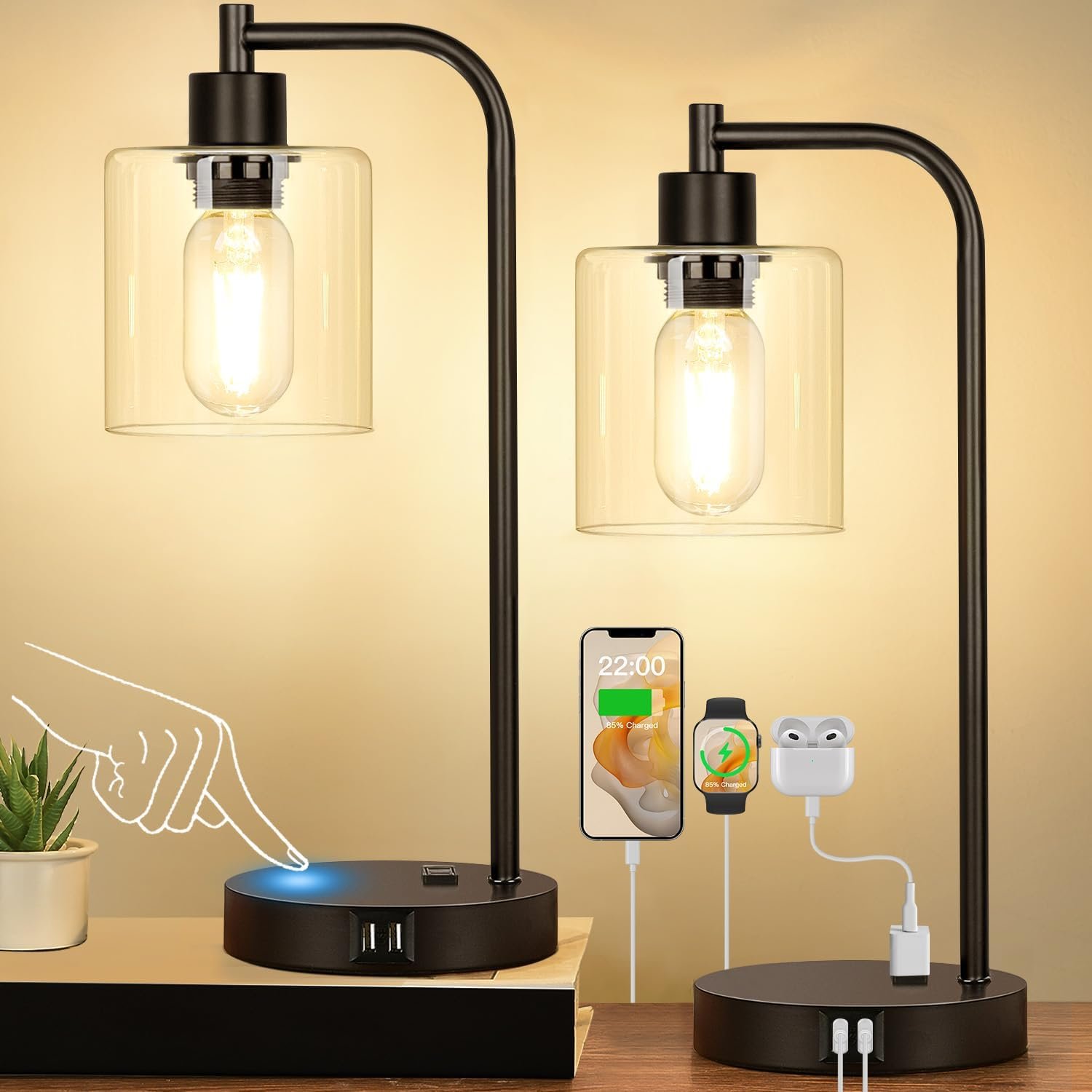 Set of 2 Industrial Touch Control Table Lamps with USB C+A Ports and AC Outlet – 3-Way Dimmable Black Bedside Lamps Nightstand Desk Lamps for Bedroom Living Room, Glass Shade & 2 LED Bulbs Included