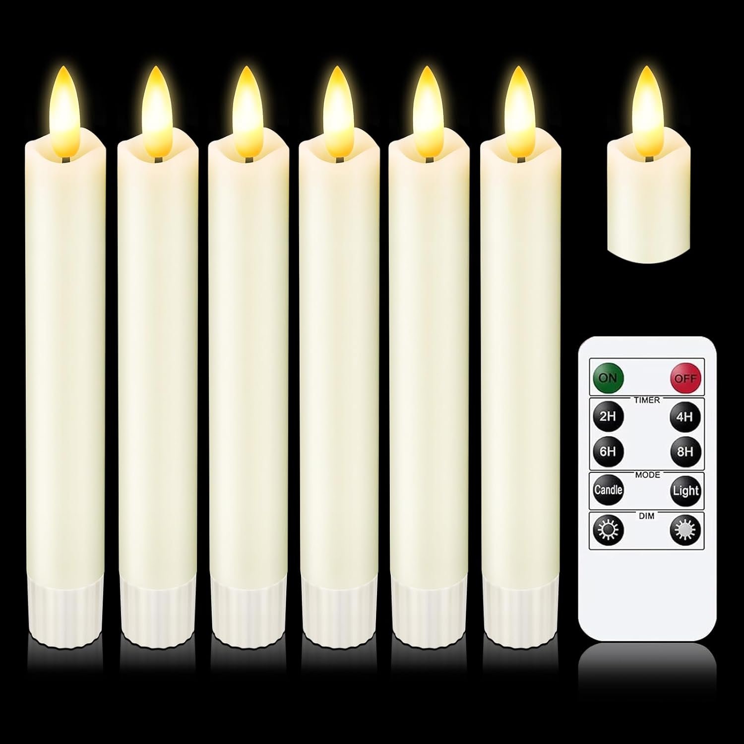 KSWING Upgraded Real Wax Short LED Flameless Taper Candles with Remote, 6 PCS White Candlesticks Battery Operated 3D Flickering – 6″ Realistic Fake Candle Sticks for Home/Wedding/Fireplace Xmas Decor