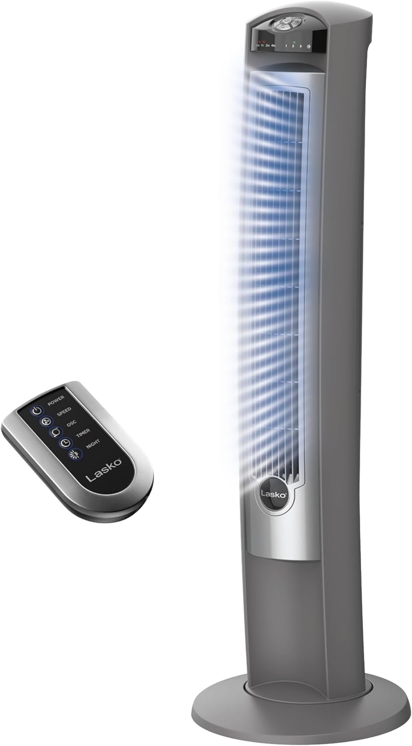 Lasko Oscillating Tower Fan with Remote, Quiet Floor Fans for Bedroom, 42″, Silver T42951