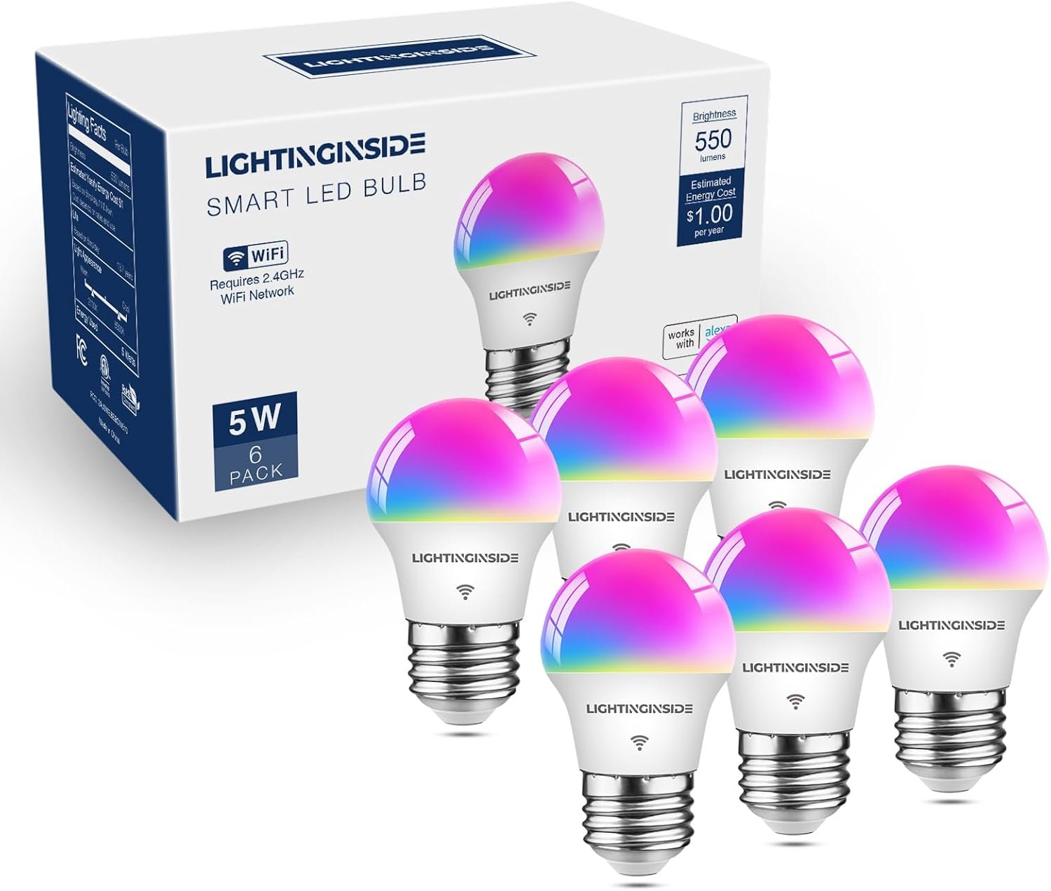 Lightinginside E26 Smart Light Bulbs 50W Equiv., G16.5 A15 RGBCW Small Chandelier Ceiling Fan Smart Bulb Works with Alexa/Google Home/SmartLife, 5W 550LM, 2.4G WiFi Bluetooth Bulb, ETL Listed, 6PCS