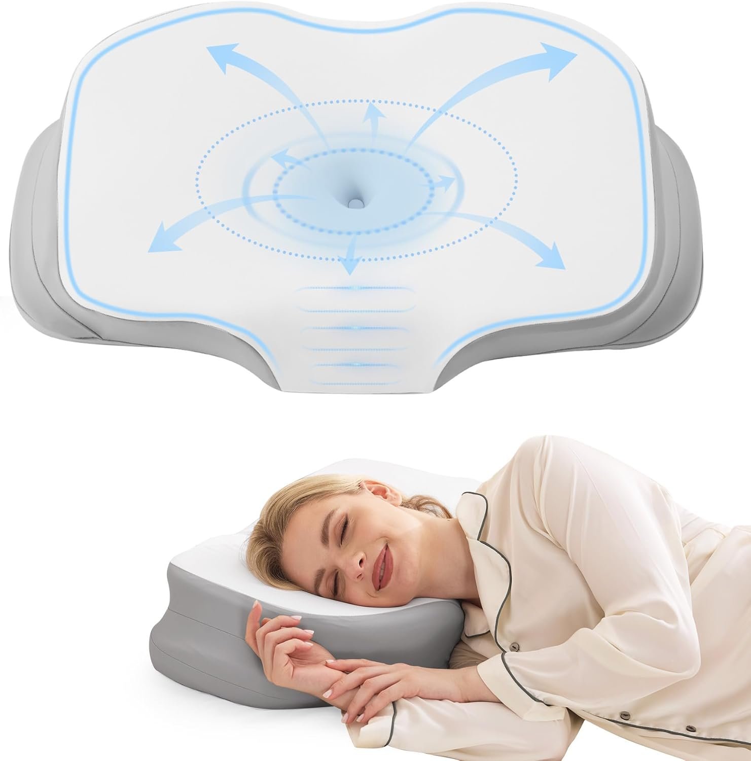 Cervical Neck Pillow for Sleeping, Ergonomic Side Sleeper Pillow, Memory Foam Pillows for Neck and Shoulder Pain Relief, Removable Washable Cooling Cover, Grey & White