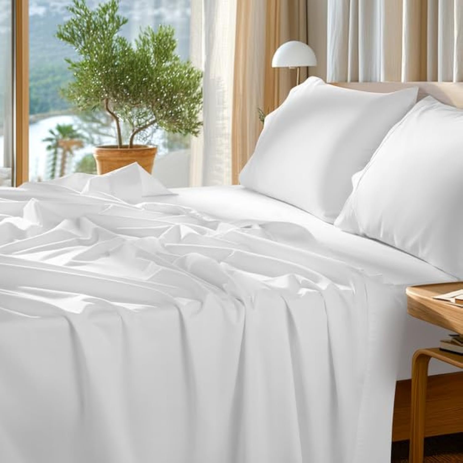 SONORO KATE 100% Egyptian Cotton Sheets Set – 1000 High Thread Count, Luxury 5-Star Hotel Sateen Bed Sheets, Soft, Breathable Long Staple Sheets, Fit up to 16″ – 4 PC (White,King)