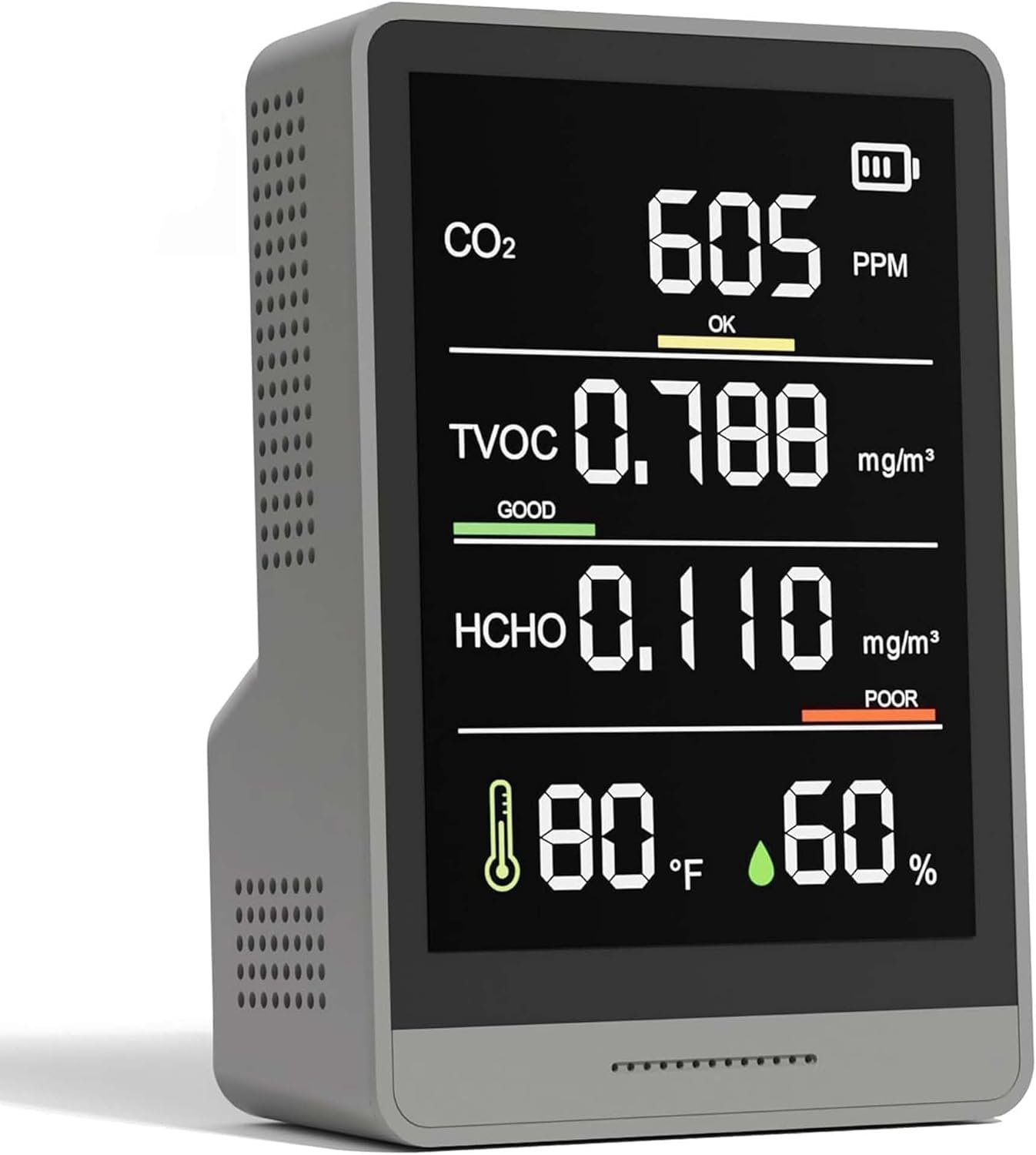 5-in-1 Professional Indoor Air Quality Monitor Indoor Portable CO2 Monitor | Temperature | Formaldehyde Detector | Humidity TVOC | Air Quality Tester – Confined Space Clean Air Monitor (Ash Gery)