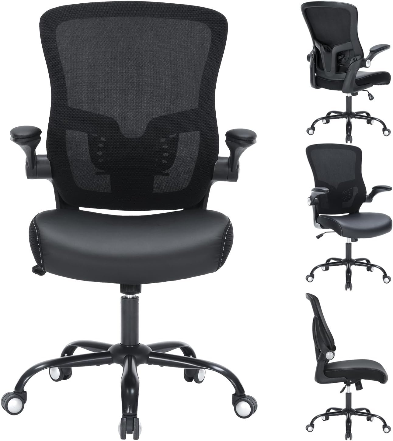 Office Chair PU Leather Cushion, Ergonomic Desk Chair with Flip-Up Arms, 300 LBS Home Office Desk Chairs Adjustable Seat Height & Lumbar Support, Executive Comfy Swivel Task Computer Chair