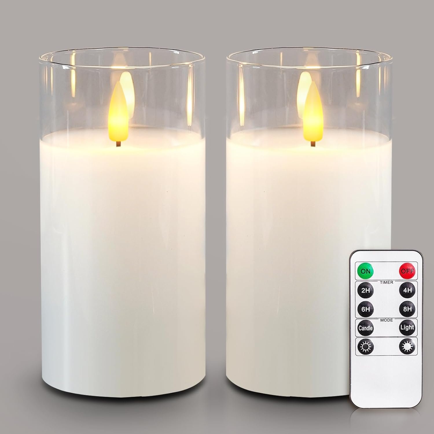 5plots Clear Glass Flameless Candles with Remote Timer, 3D Wick Real Wax Battery Operated Pillar Candles Warm Flickering Light for Indoor Home, Halloween, Christmas Decor D3 x H6 6″,Set of 2