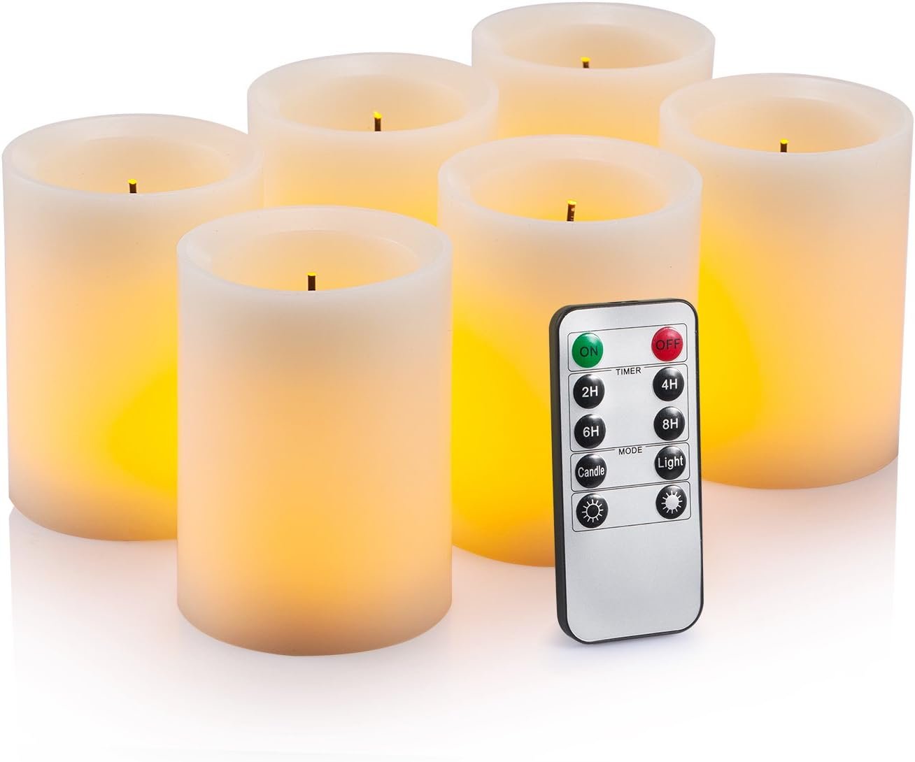 Enpornk Flameless Flickering LED Candles 3″ X 4″ with 10-Key Remote Control Timer Classic Pillar Optical Fiber Wick Real Wax Battery Operated Candles, Ivory Color, Set of 6