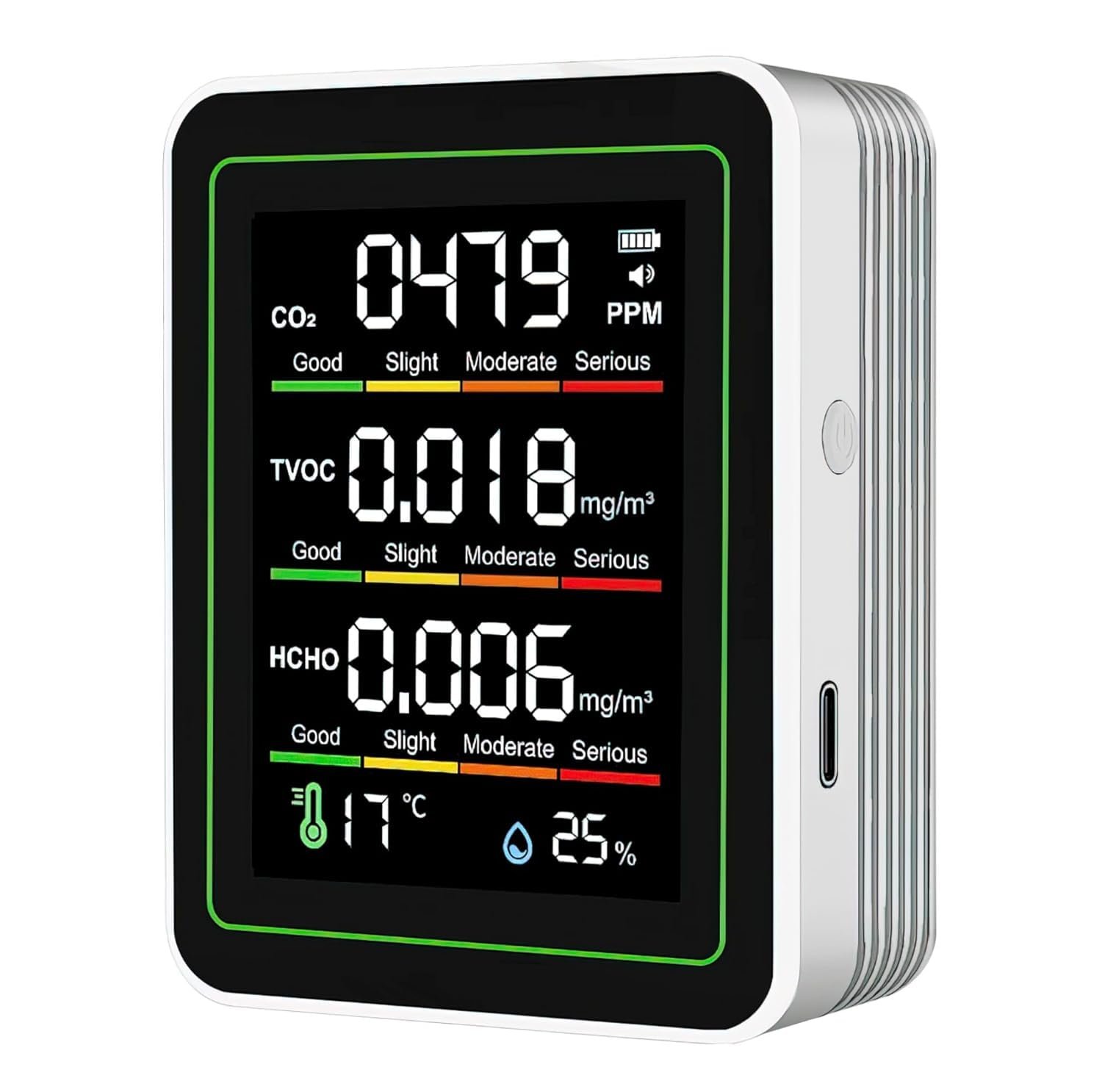 Indoor Air Quality Monitor, 5 in 1 Portable Smartair Quality Tester for CO2 | TVOC | HCHO | Temp | Hum for Home Cars Plants and Pets So On
