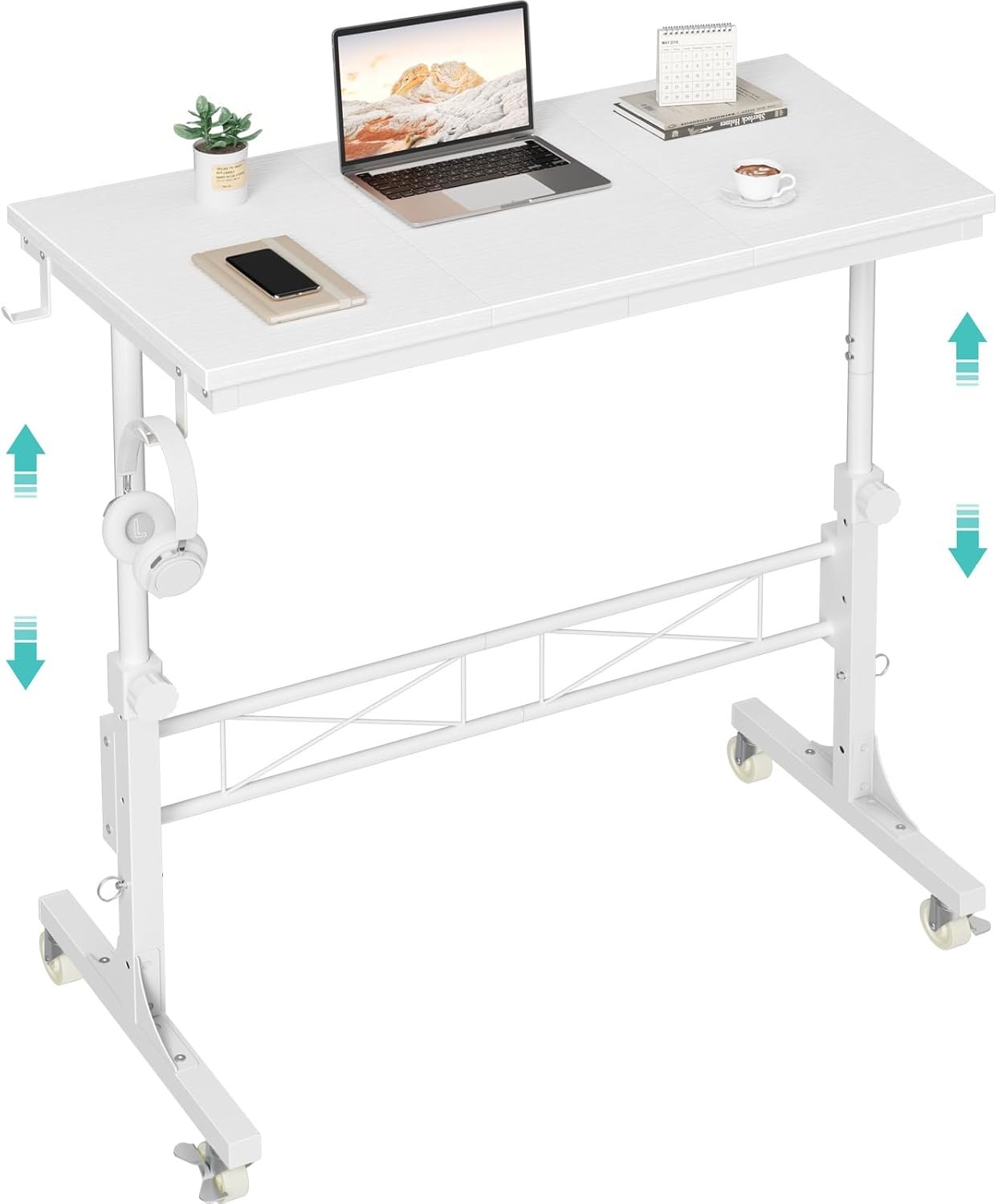 WINAZ Small Portable Treadmill Walking Pad Desk on Wheels, 32 Inch White Adjustable Height Mobile Rolling Standing Teacher Desks, Couch Sofa Side Laptop Stand Up Table for Bedroom, White