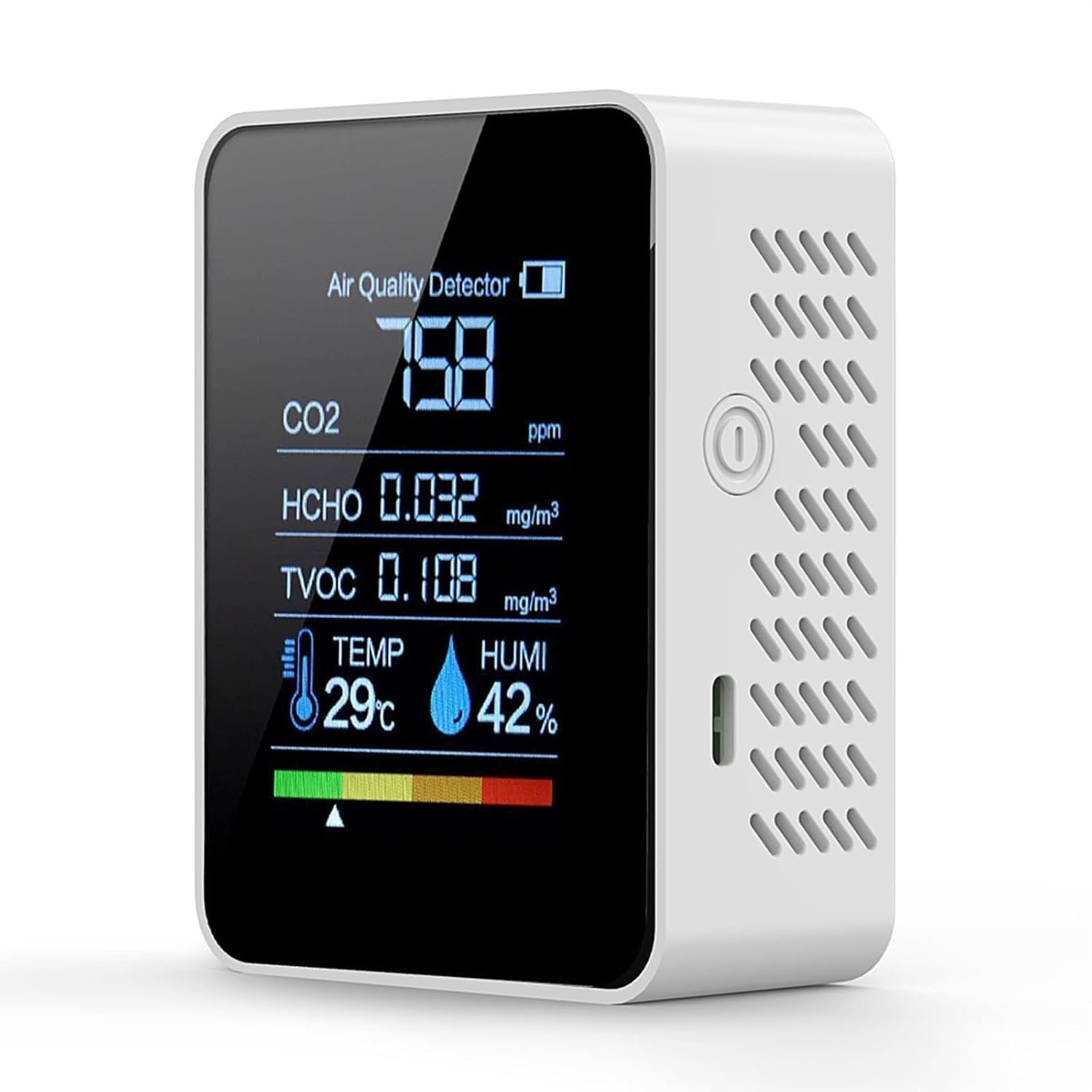 5-in-1 Indoor Air Quality Monitor, Professional Portable Detector&Accurate CO2,HCHO,TVOC,Humidity& Temperature,LED Display, 2s Refresh,for Home, Office,School, Hotel,Car Air Quality Tester (White)