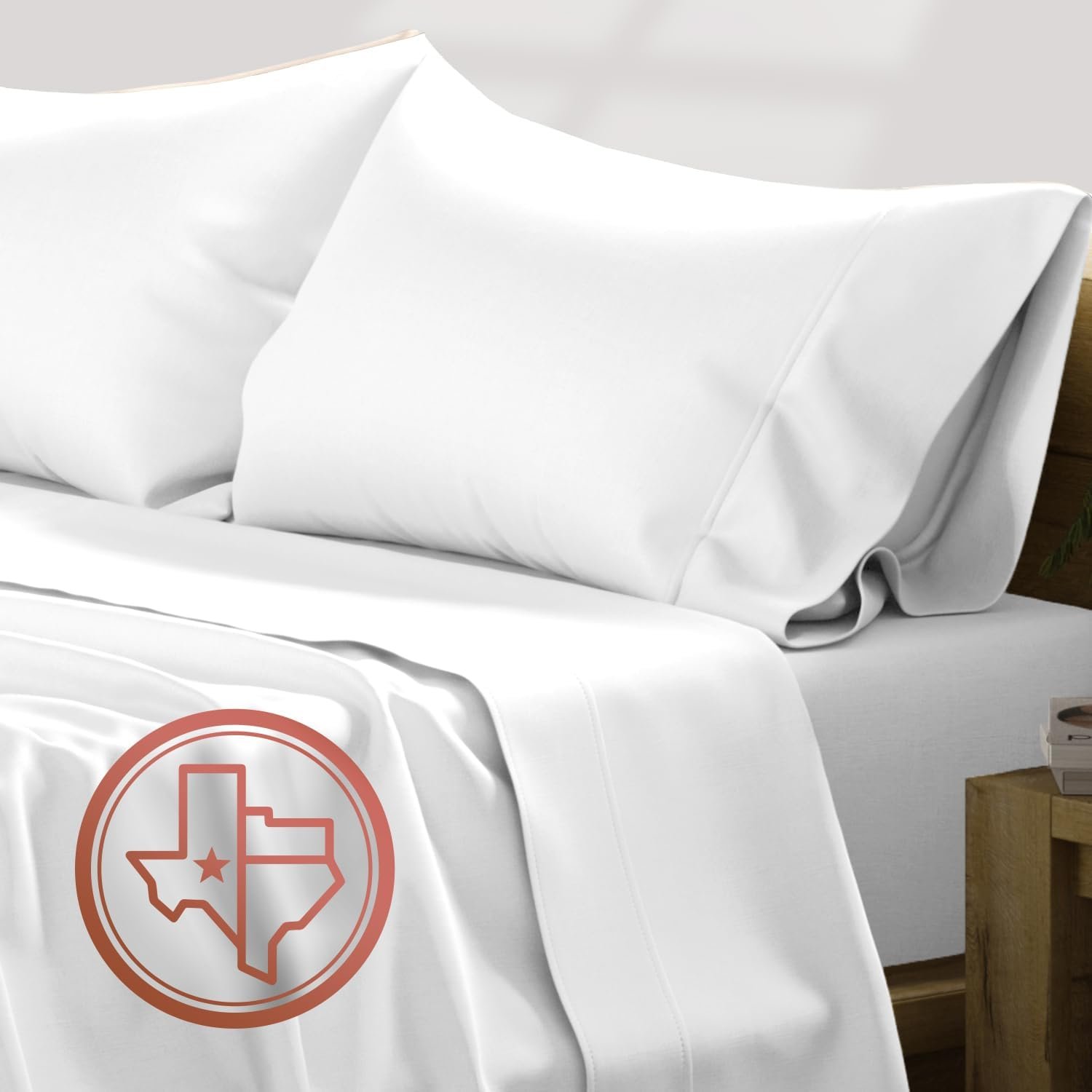 TEXAS LINEN CO. Luxury Egyptian Cotton Queen Size Sheet Set – Texan Talkin’ Collection 600 Series 4 PC Deep Pocket Fitted and Flat Sheets, Cooling Extra Long Staple Sateen Hotel Bedding – White
