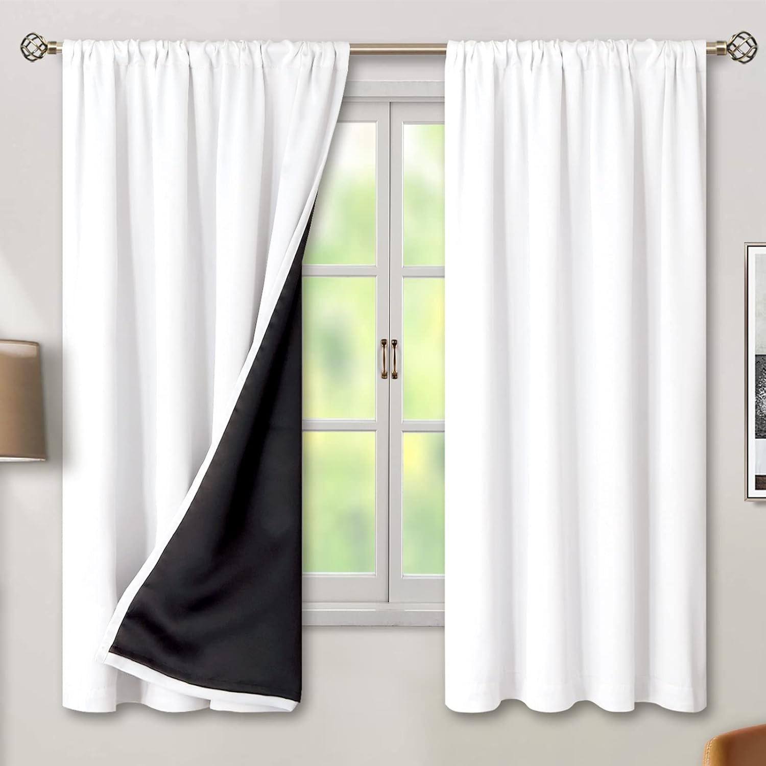 BGment White Blackout Curtains for Bedroom 63 Inch Long – Thermal Insulated Black Out Curtains Room Darkening Soundproof Rod Pocket Window Curtains for Living Room, Each Drape Panel 52 Inch Wide