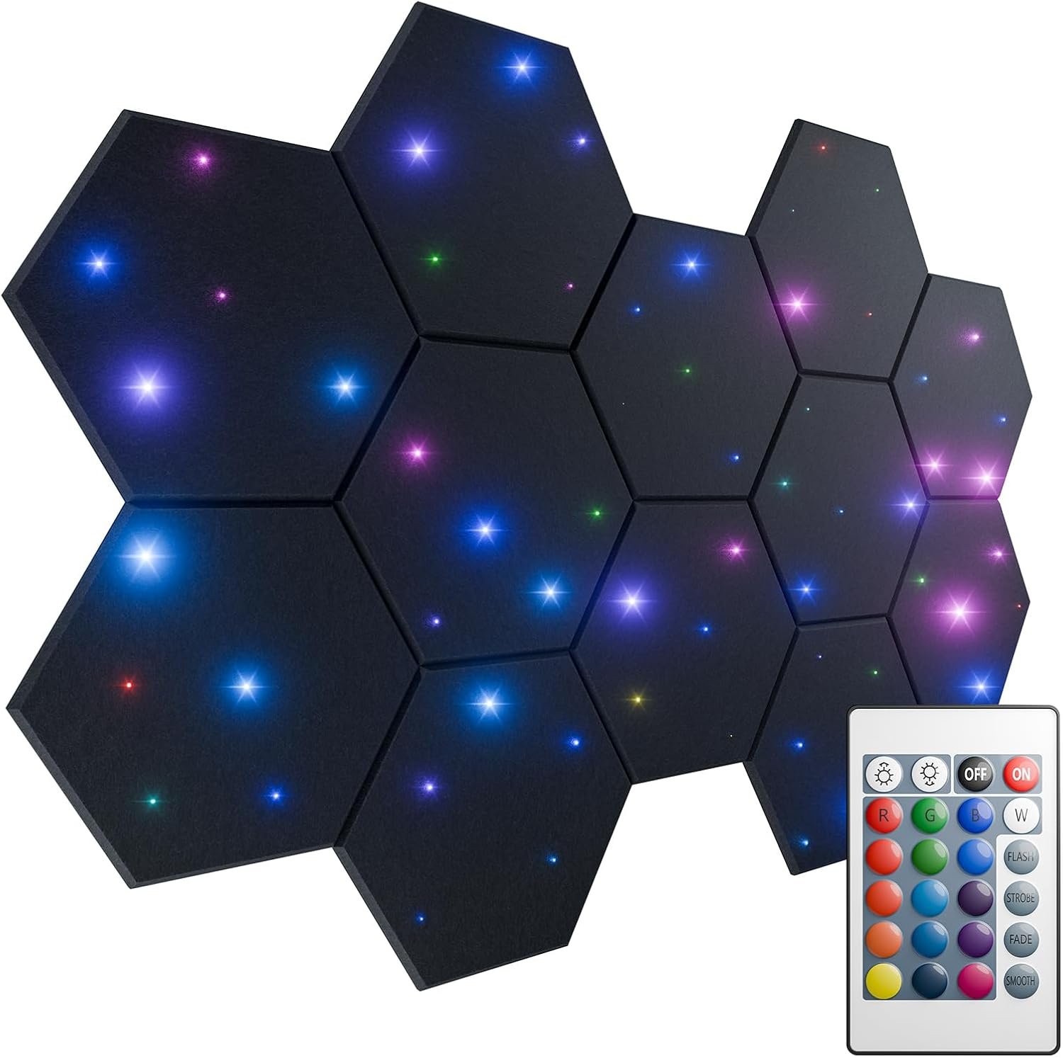 ZenSonic 12 Pack Self-adhesive Sound Proof Foam Panels for Walls 12″ X 10″ X 0.4″ – Hexagon Acoustic Panels with Fiber Optic Starlight, Stylish Soundproof Wall Panels Absorb Noise and Wall Decor Black