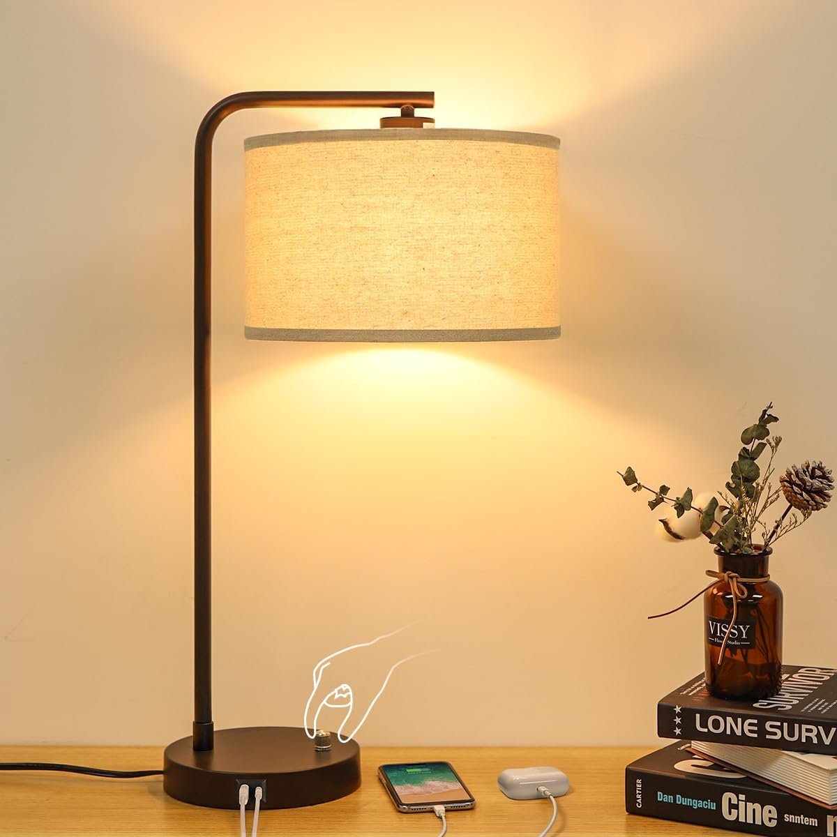 Tall Table Lamp with USB C+A Ports, Fully Stepless Dimmable Modern Minimalist Bedside Nightstand Lamp, Reading Desk Lamp for Bedroom, Living Room, Study Room, Office, 9W 3000K LED Bulb Included