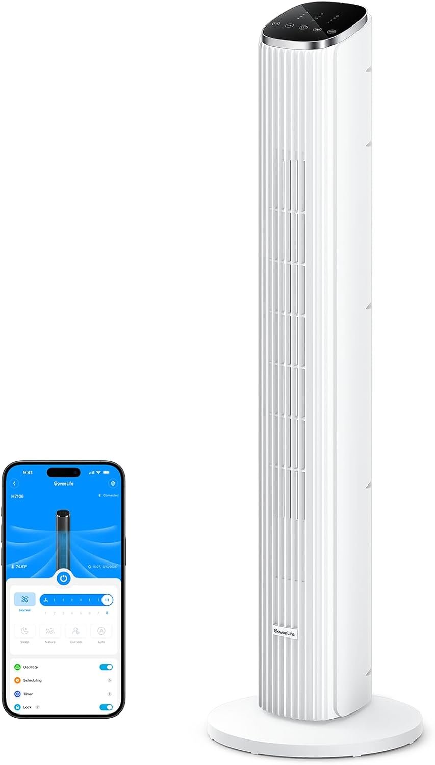 GoveeLife White Tower Fan for Bedroom, 36″ Smart Floor Fan with App/Voice Control, Temperature Sensor, 5 Modes 8 Speeds(25ft/s), 29dB Quiet Oscillating Fan for Office, 24H Timer, Auto Cooling