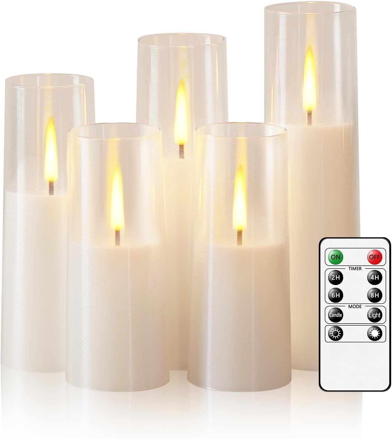 Flameless LED Candles, Upgraded Realistic 5 Pcs Flickering Flame Pillar Candles, Battery Operated Candles with Remote Timer, for Romantic Ambiance and Home Decoration (White)