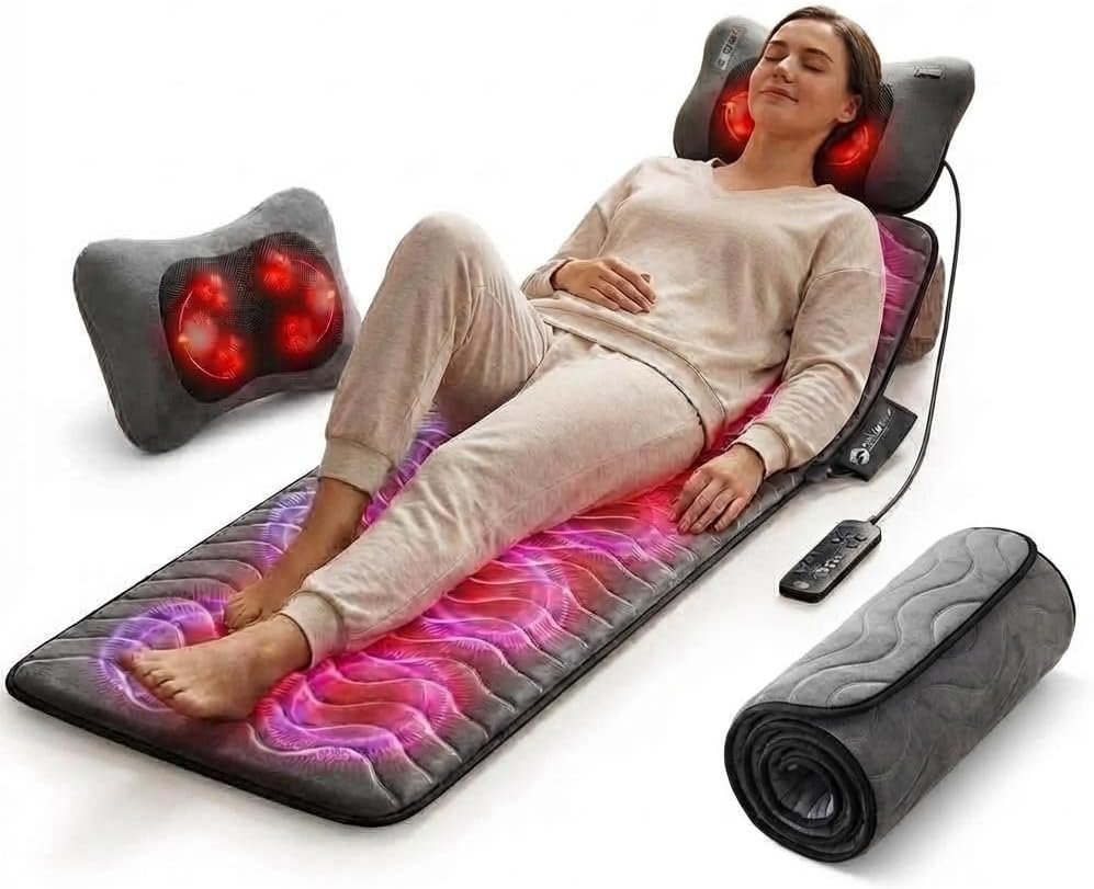 Powermat Full Body Massage Mat with Heat – Shiatsu Back Massager Pad for Bed, Chair & Recliner – Electric Vibrating Heating Pad – Whole Body Massager Mat for Pain Relief – Massage Mattress by Powerfit