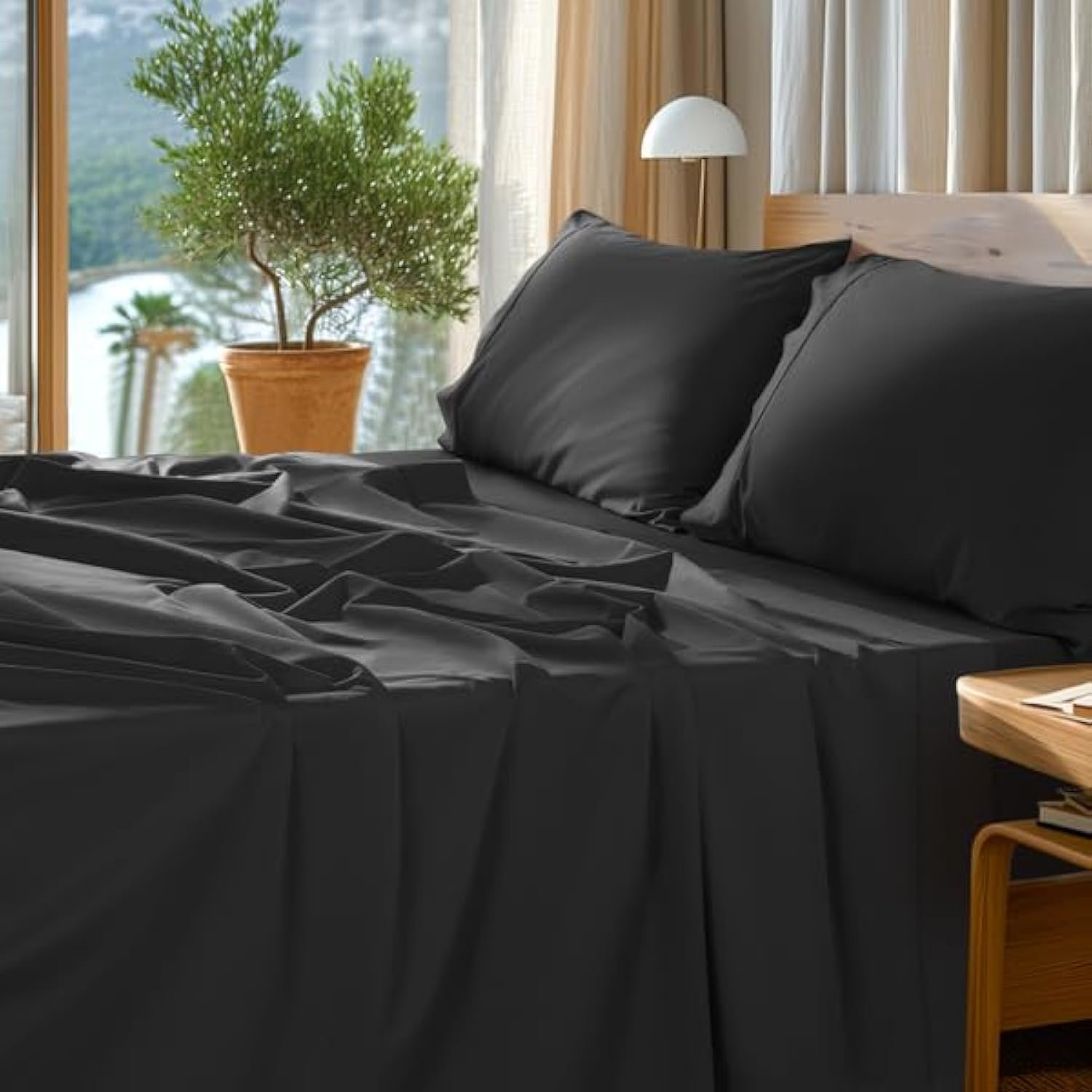 SONORO KATE 100% Egyptian Cotton Sheets Set – 1000 High Thread Count, Luxury 5-Star Hotel Sateen Bed Sheets, Soft, Breathable Long Staple Sheets, Fit up to 16″ – 4 PC (Black,King)