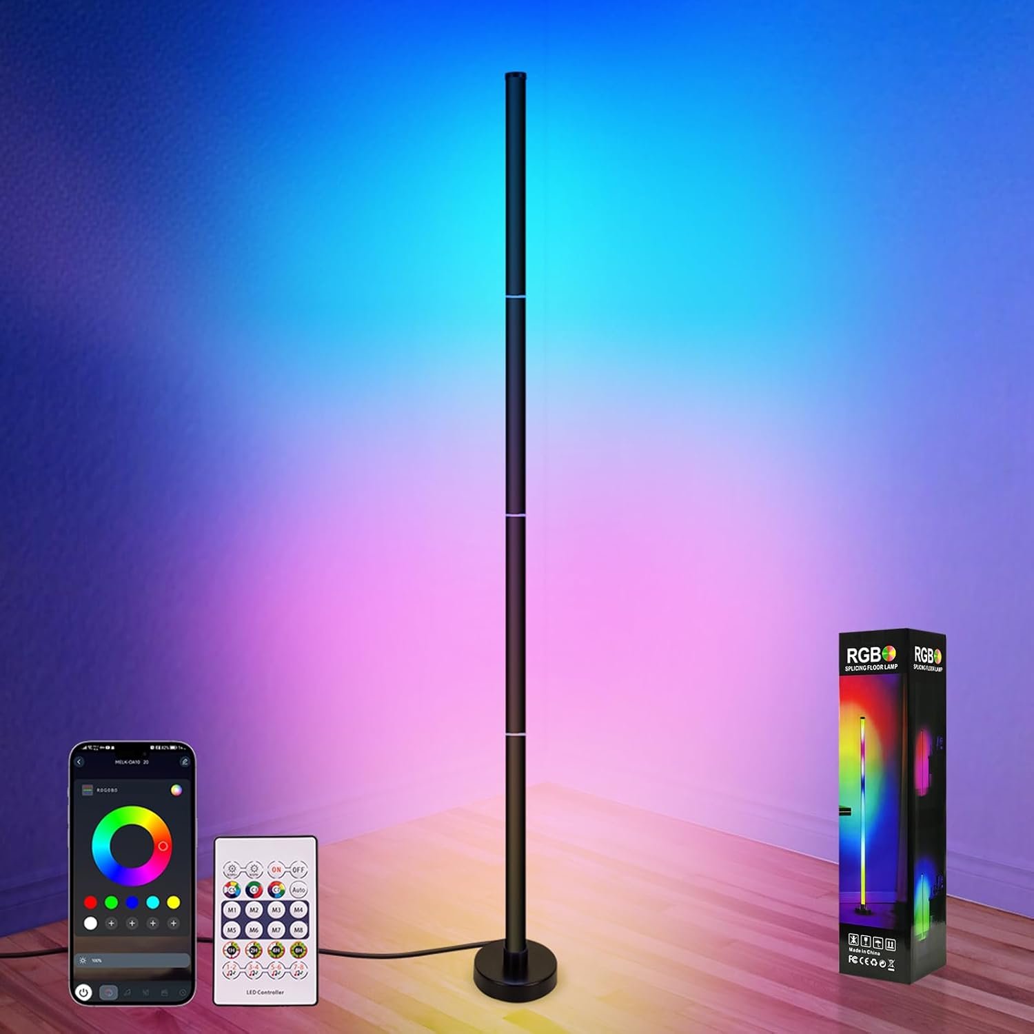 Corner Floor Lamp,RGB LED Corner Lamp with App and Remote Control,Smart Modern Floor Lamp with 16 Million Colors & 68+ Scene,Music Sync,Timer Setting,Standing Lamp for Living Room,Gaming Room