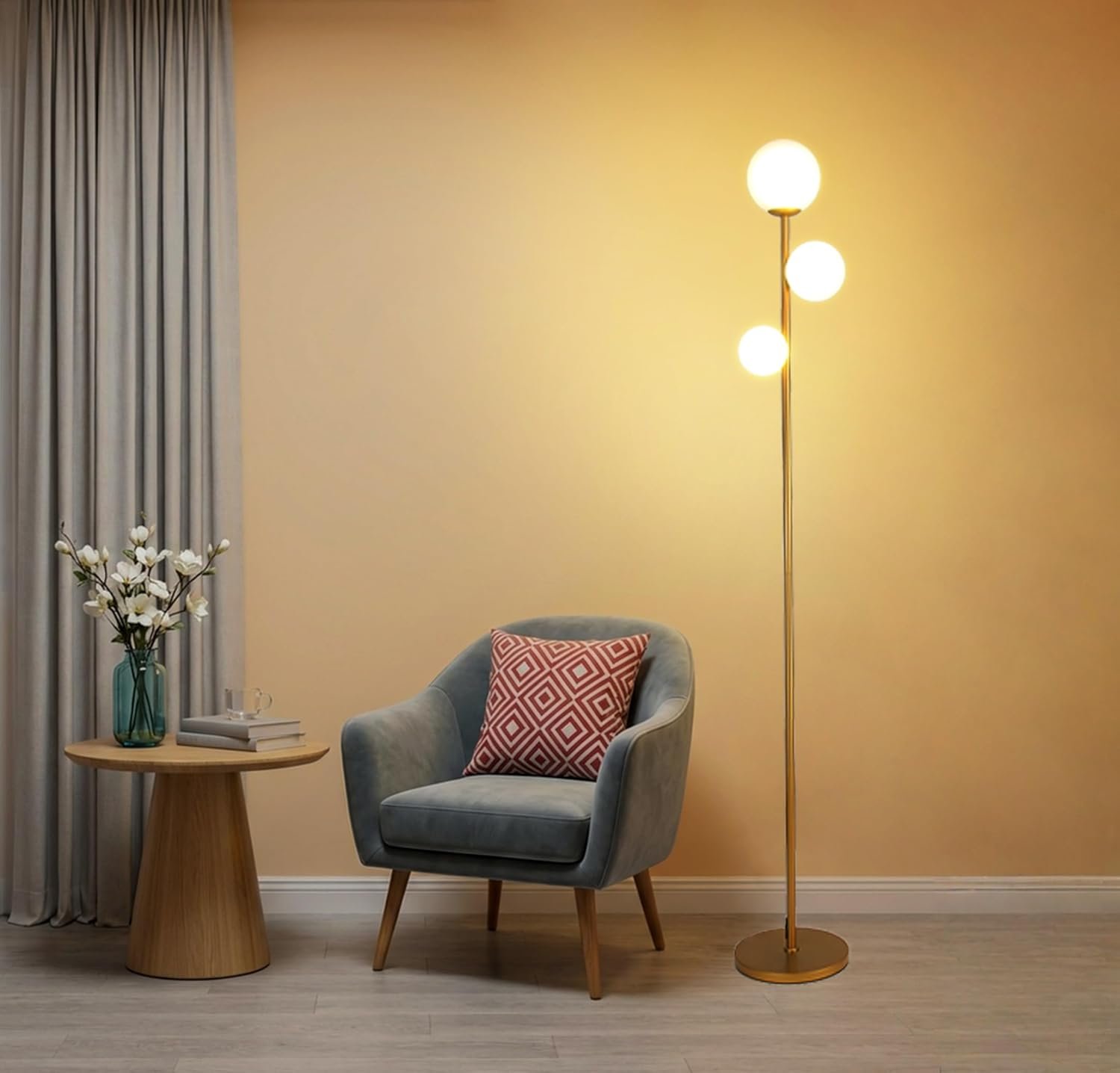 Fiqevs 3 Globe Floor Lamp Mid Century Modern, Gold Standing Lamp with Frosted Glass Shade & LED Bulbs, Tall Pole Light with Foot Switch for Living Room Bedroom Office – Antique Brass