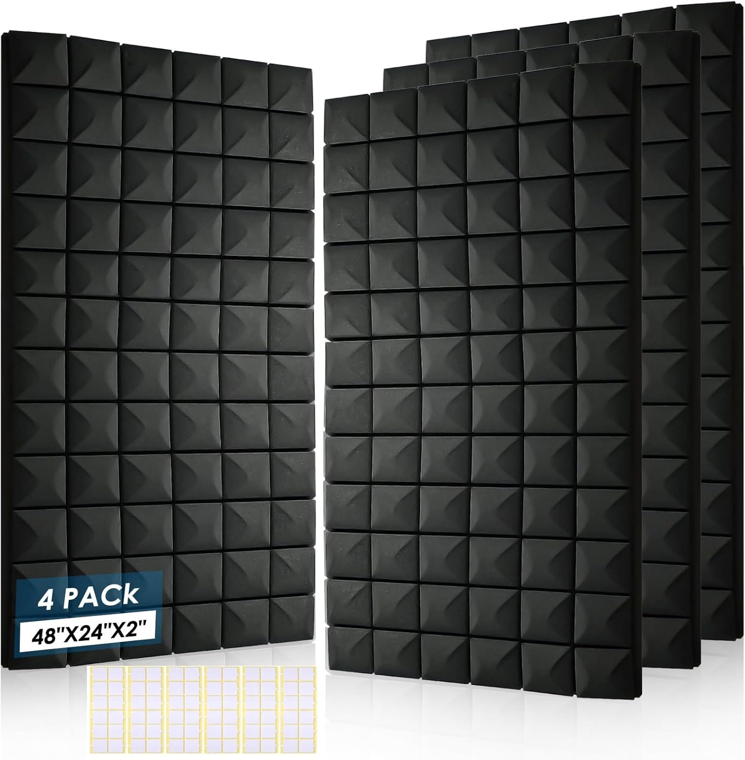 4 Pack Acoustic Panels, 48 x 24 x 2″ Sound Proof Foam High Density Studio Wedge Tiles Fire Resistant Acoustic Panels for Home Office, Echo Reduction, Studio,Noise Dampening (Black-4 Pack)