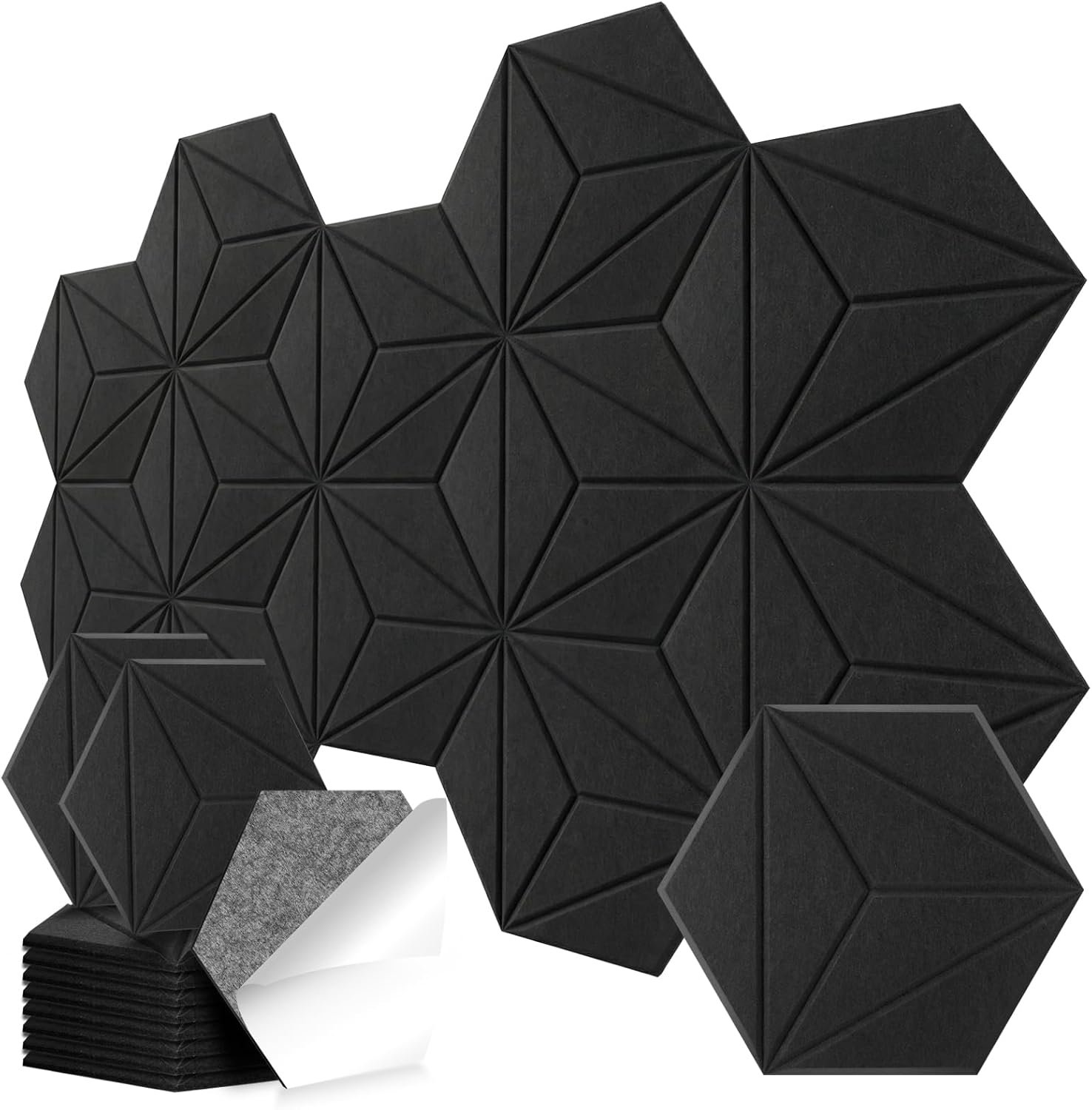 12 Pack Hexagon Acoustic Panels, DIY Sound Proof Foam Panels for Walls, High Density Self-Adhesive Noise Reduction Panels, Flame Retardant, Noise Absorbing & Echo Reduction, 12″ X 10″ X 0.4″ Black