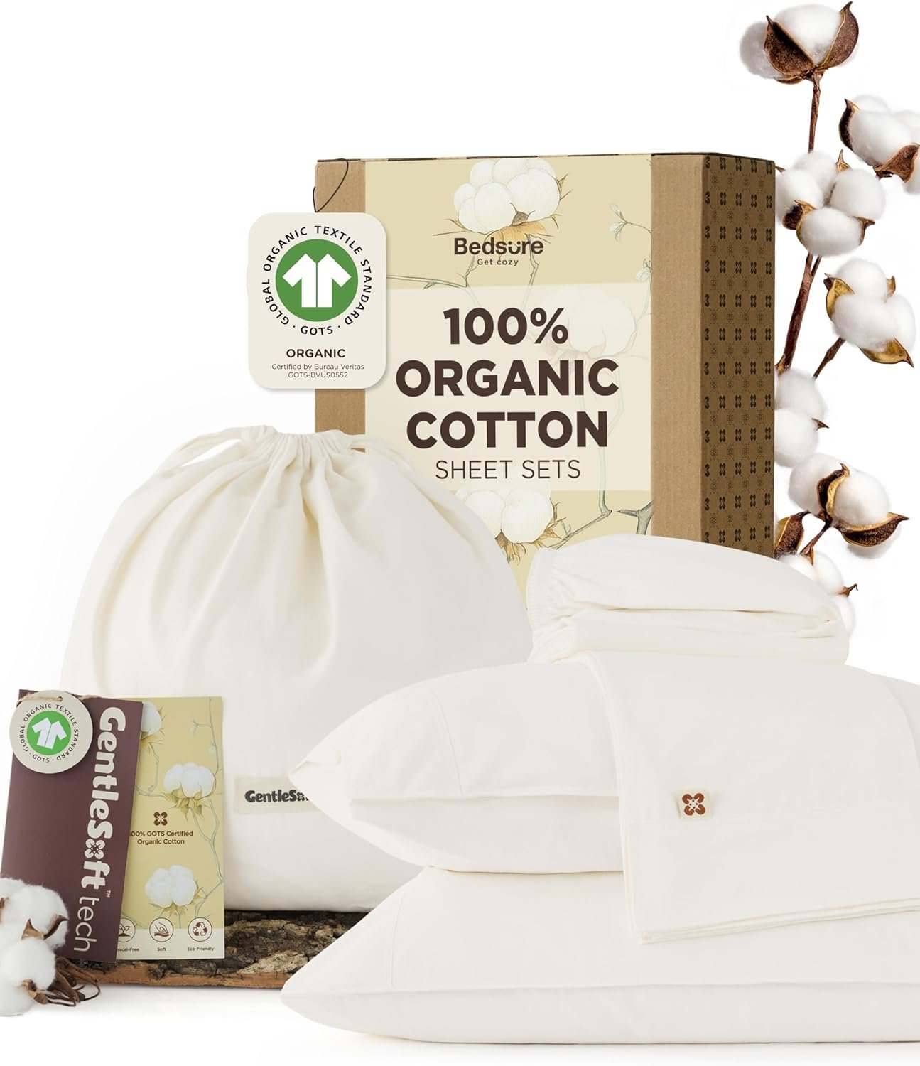 Bedsure 100% GOTS Certified Organic Cotton Sheets, Queen Sheet Set, 17″ Deep Pocket Bedsheets with Corner Straps, Eco-Friendly, Soft, Breathable & Luxury PureWoven Cotton Hotel Bedding, 4PCS, Ivory