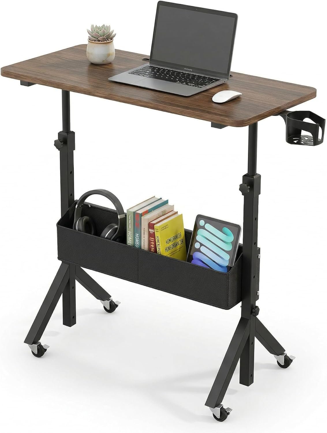 HUANUO Mobile Standing Desk with Wheels and Storage Basket, Height Adjustable 28.7″-46.1″ Rolling Desk for Walking Pad, Small Space Laptop Computer Workstation for Home Office