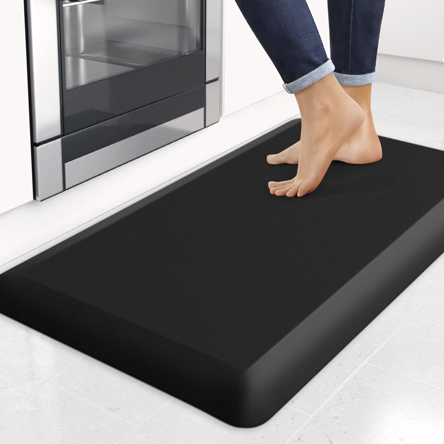 4/5 Inch Thick Kitchen Mats for Floor, StepRite Kitchen Rug for Standing Desk, Non-Slip, Thicker, Stain Resistant, Water Resistant, Comfort Anti Fatigue Floor Mat for Home, Kitchen, Office – Black