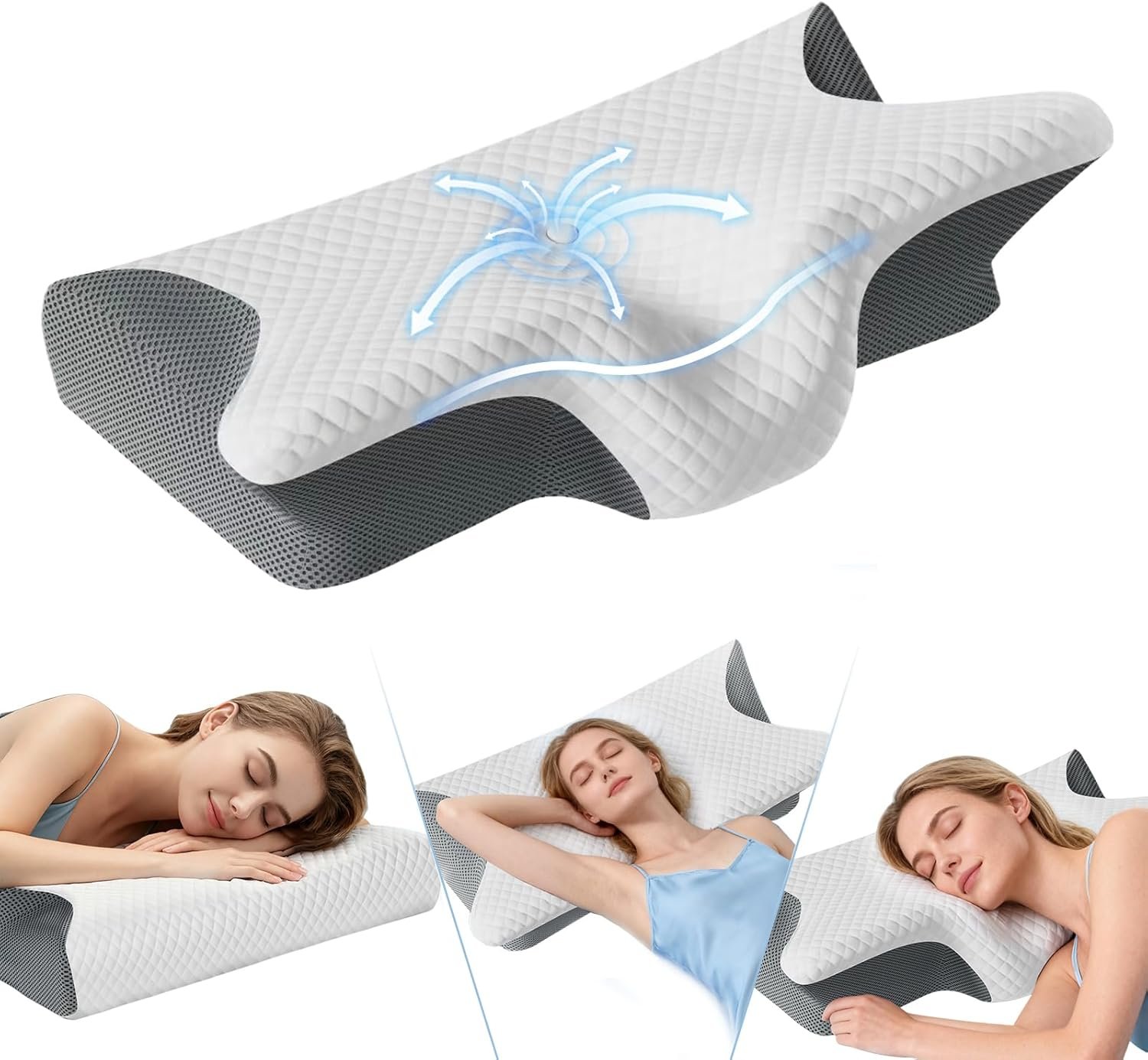 LiKiLiKi 2025 Upgrade Neck Pillow, Side Sleeper Pillow, Memory Foam Ergonomic Cervical Neck Pillows with Cooling Cover for Neck Pain Relief Side Back Stomach Sleeper (White Grey)