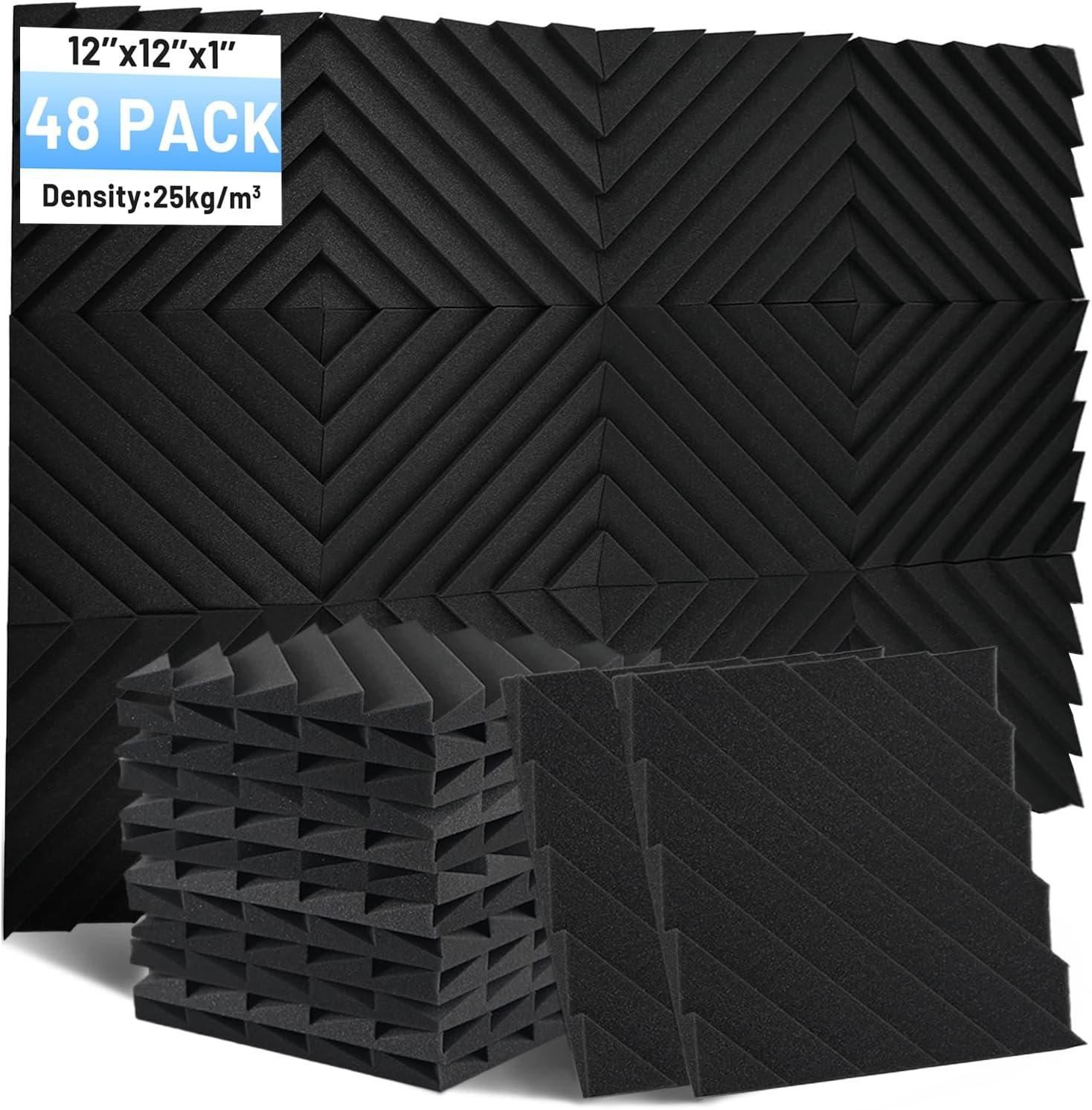 Focusound 48 Pack Sound Proof Foam Panels, 1″ x 12″ x 12″ Acoustic Foam Panels for Wall High Density Soundproofing Wedge Panels for Studio Office Game Room