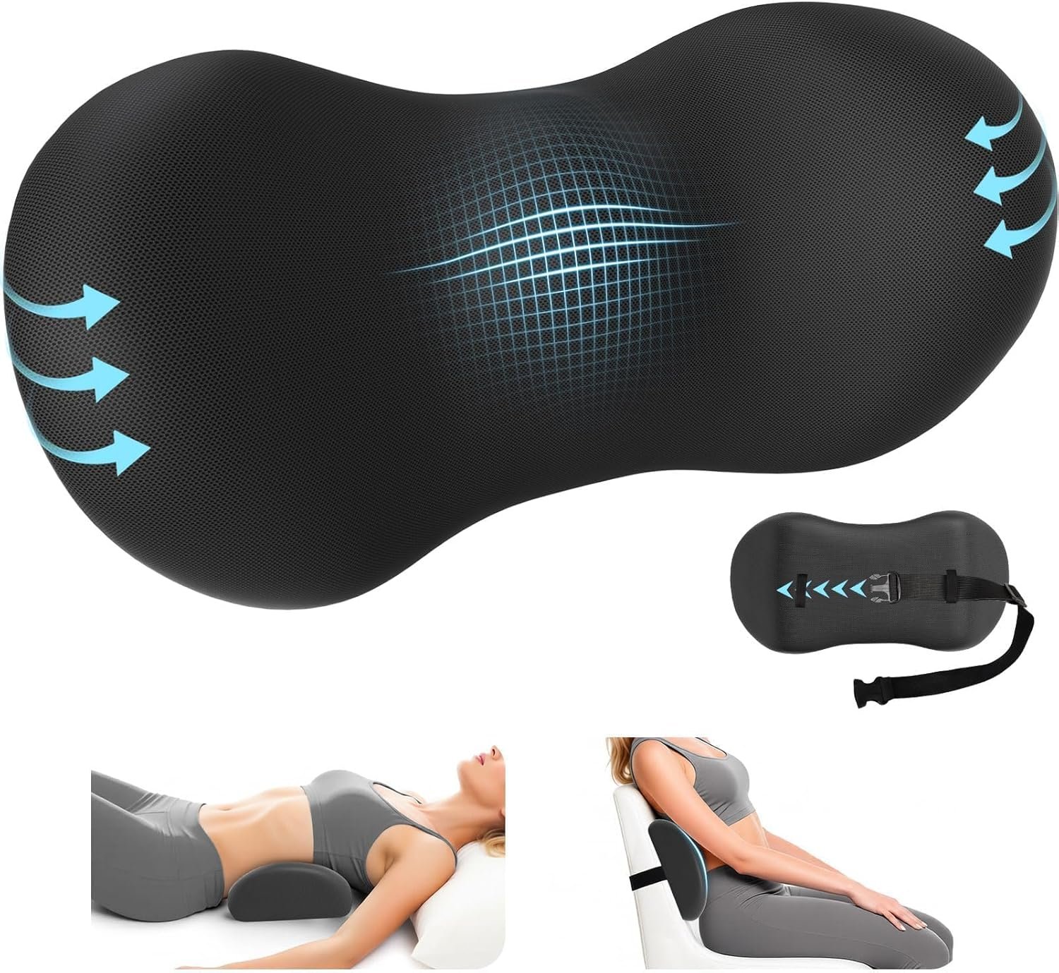 SweetSlubr Lumbar Support Pillow for Office Chair – Memory Foam Lumbar Pillow with Detachable Strap & Breathable Cover, Ergonomic Back Support for Office Chair, Car Seat Cushion, Bed Rest (Black)