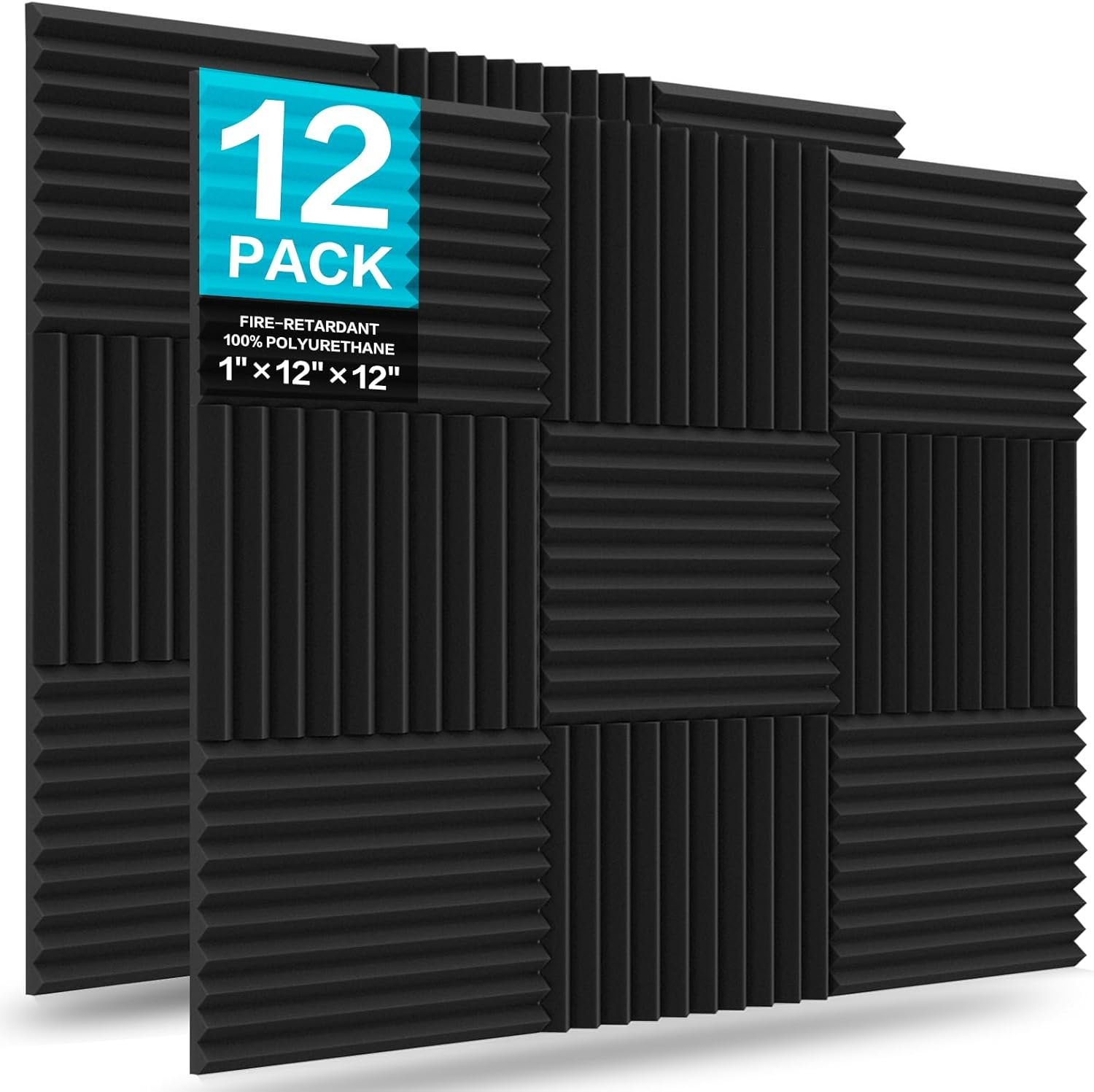 JBER 12 Pack Acoustic Foam Panels, 1″ X 12″ X 12″ Sound Proof Foam Panels for Walls, High Desnsity Studio Soundproofing Wedges – Fire Resistant & Noise Absorbing for Studio, Office, Home (Black)